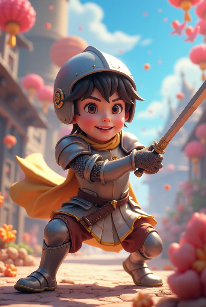 a young knight in 3D anime style, playing imaginary swordfighting alone, laughing scene, surreal, (best quality,4k,8k,highres,masterpiece:1.2),ultra-detailed,(realistic,photorealistic,photo-realistic:1.37),highly detailed facial features, intricate armor, dynamic pose, playful expression, vibrant colors, dramatic lighting, fantasy background, detailed environment