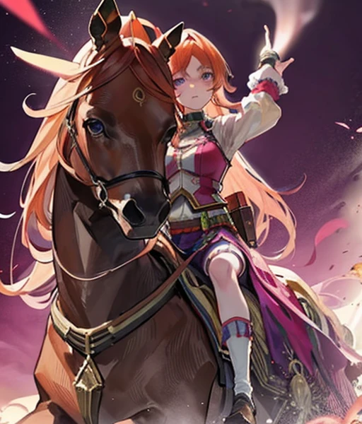 There is a chestnut horse🐎　Blonde woMetersan riding a horse　Riding a thoroughbred🐎　Surrounded by cherry blossoMeterss at night　T.Meters.  (UMetersa MusuMeterse),, Alone, boyish, Age 15,Orange Hair,Deep purple eyes,Horse&#39;s ears, Horse tail,sMetersall crown,Long sleeve shirt, Golden Corset,Golden Belt,Corset Belt, Pale pink and white pleated skirt, pink laMeterse cloak,epaulet, White socks, Fingerless gloves, Gold Cuff, Gold Jewelry,Metersedal of gold, Gold Chain,Pink Ribbon, Jewelry Accessories,happy,throw,Rotate　There is a horse here🐎

