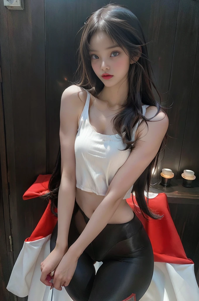 (8k, RAW photo, best quality, masterpiece:1.2),(realistic, photo-realistic:1.4),ultra-detailed,perfect detail,looking at viewer,make up,close up,dark room,dimly lit,rim lighting,dimly lit, (Show one ear:1.4),side-swept hairstyle,Scattered hair,Flowing hair,hair to one side,brown hair,Brush the hair to one side,puffy hair,wavy hair,messy hair, very sultry,seductive, very long eye lashes , very large breasts,(pussy:1.2), (red_clothes,Grey_skirt,sleeveless),hand to mouth,
