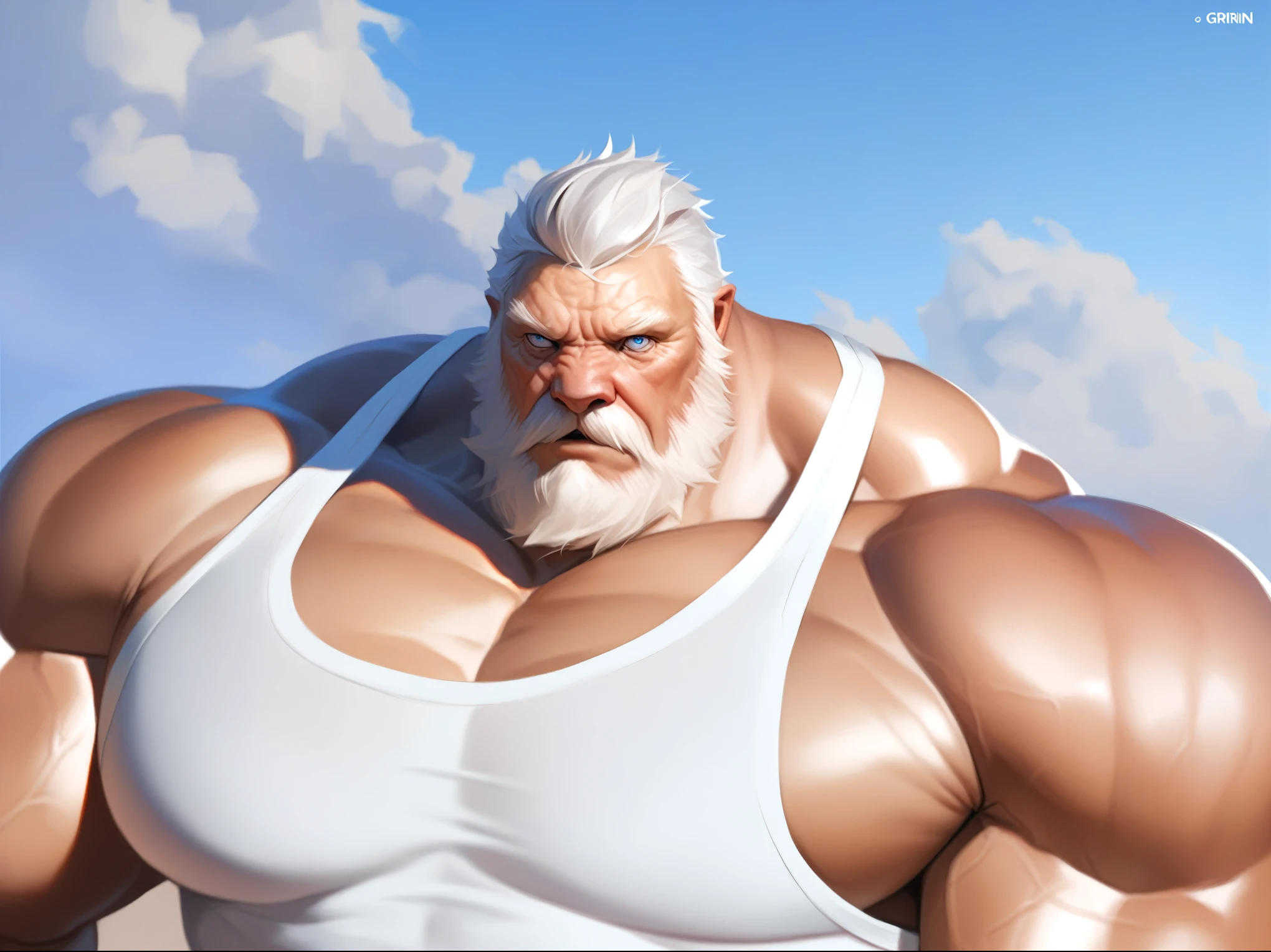 solo, 1boy, Muscular Old man, wide shoulder, pectoral, thick arms, huge pectoral, mad, focus eyes, sharp eyes, wide pectoral, short hair:1.2, white hair, grinn, detailed eyes, white tank top, masterpiece, semirealistic:1.2, high detailed, 8k, high resolution