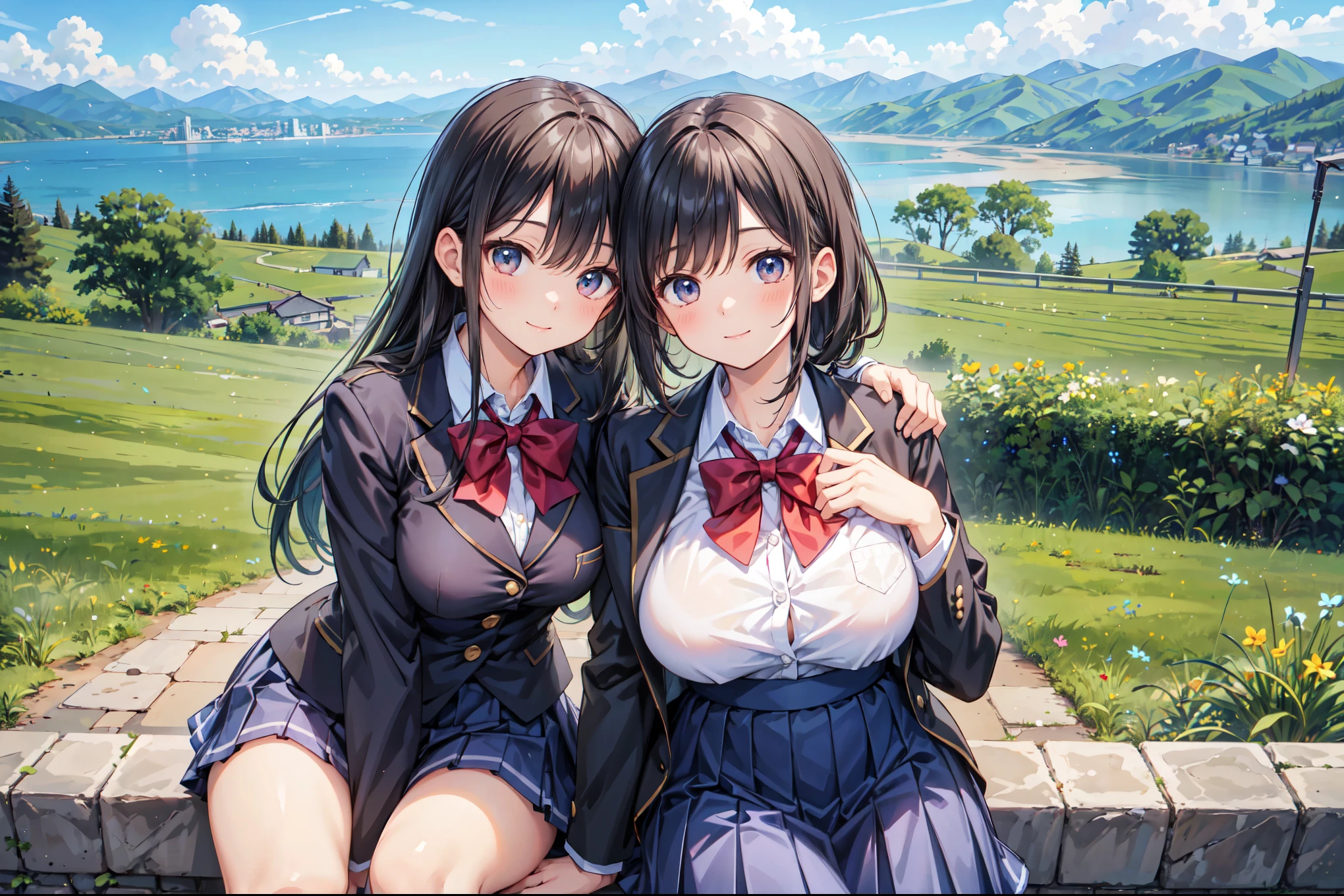 (((Masterpiece, 16k, Highest quality, Ultra-high resolution, Depth of subject))), ((Very detailed, Japanese countryside scenery)), (((High school girl in blazer uniform, 2 people, skirt, Big Breasts))), Beautiful girl in great detail, Very accurate body structure, Very precise body movements, Very cute smile, On the way home, 3pm, A peaceful landscape with a view of the sea, Warm sunshine, Grass Park, chat, We love each other, Touching each other&#39;s breasts, Naughty feelings, The love is unstoppable, hug, Very accurate perspective