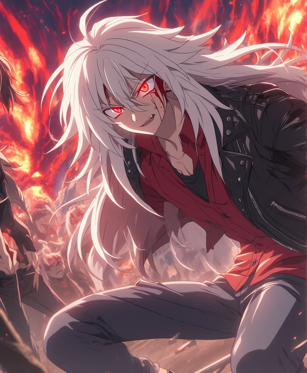 a Anime character with white long hair and red eyes, A tribal anime boy with long white hair, anime boy, anime style, anime style masculino, ((red)) Swollen eyes, anime, male Anime character, His eyes bleed profusely, The Vampire, Anime character, with glowing red eyes, with red glowing eyes, leather jacket, red shirt, red shirt, jeans negros, black jeans,