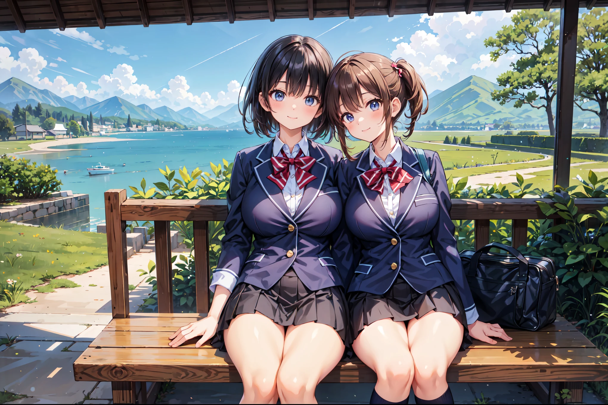 (((Masterpiece, 16k, Highest quality, Ultra-high resolution, Depth of subject))), ((Very detailed, Japanese countryside scenery)), (((High school girl in blazer uniform, 2 people, skirt, Big Breasts))), Beautiful girl in great detail, Very accurate body structure, Very precise body movements, Very cute smile, On the way home, 3pm, A peaceful landscape with a view of the sea, Warm sunshine, Grass Park, chat, We love each other, Touching each other&#39;s breasts, Naughty feelings, The love is unstoppable, hug, Very accurate perspective