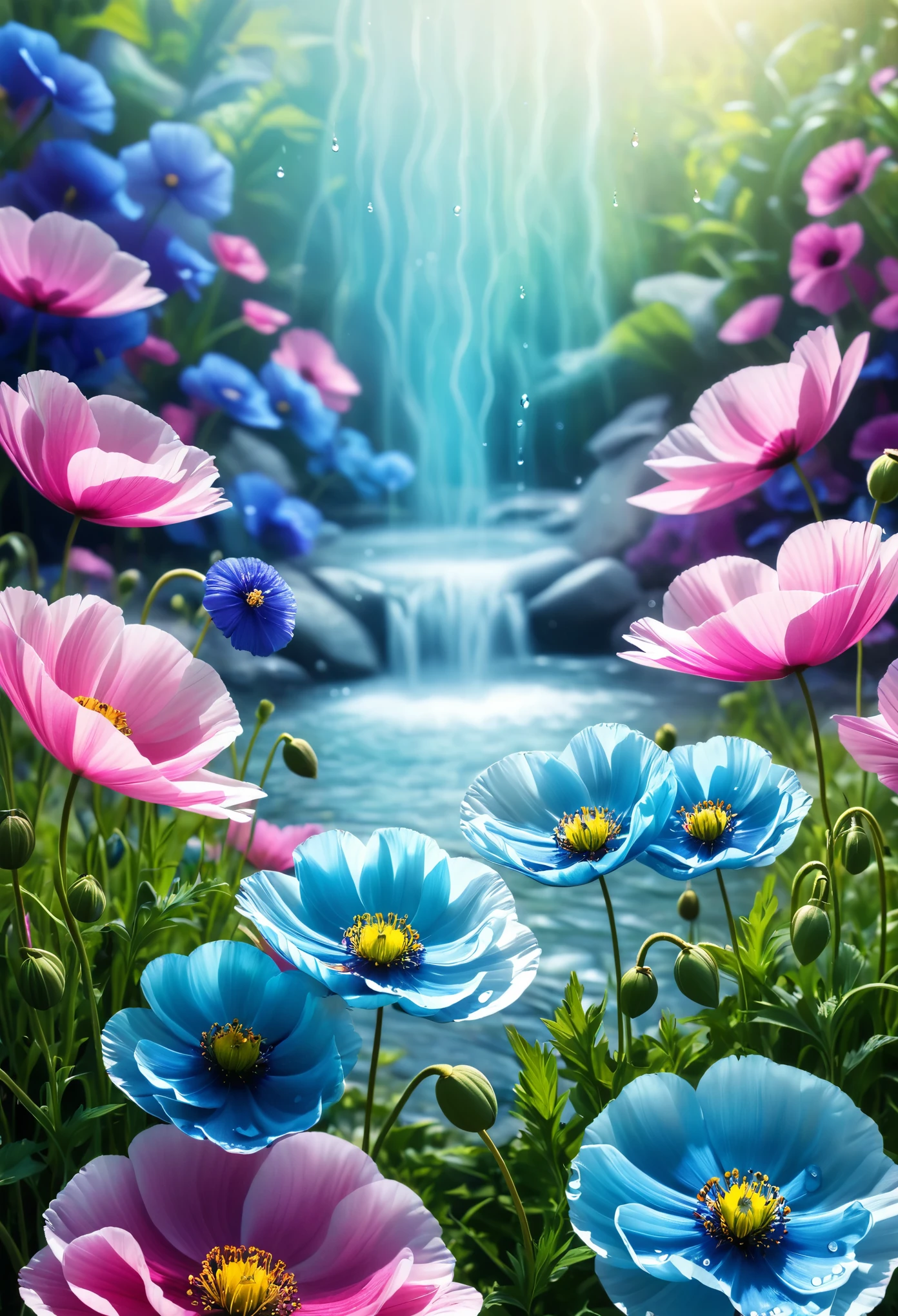 /I Pink and blue garden flowers, water droplets on petals, green leaves, pink poppies in the foreground, purple cosmos in the background, photo-realistic, natural lighting, high resolution, hyper-realistic in the style of a skilled photographer. --ar 9:16 --v 6.1