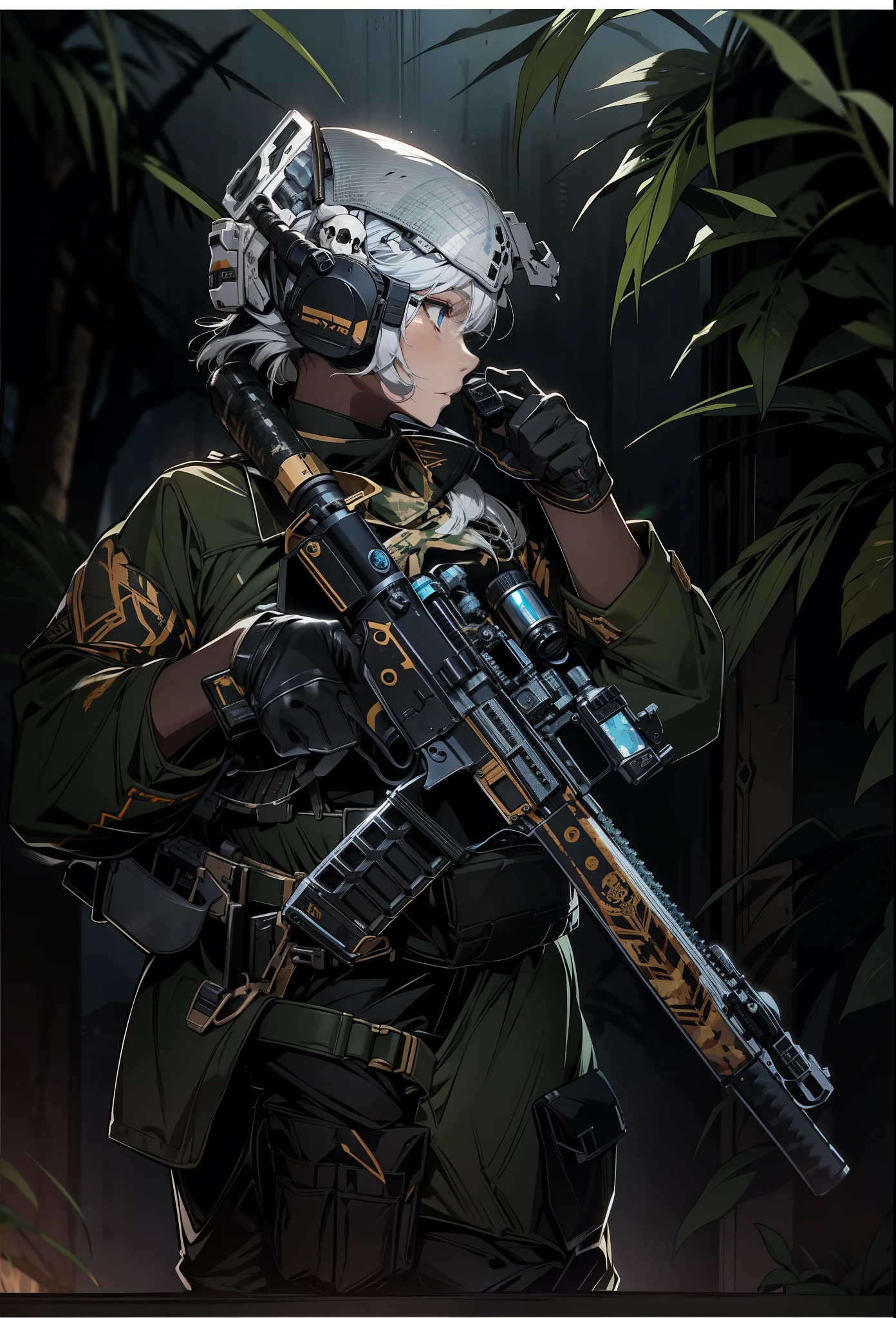 {{masterpiece}},illustration,detailed CG unity 8k wallpaper,best quality,high quality,absurdres,HDR,UHD,Military,
1girl,((Wearing power armor)),Sniper Rifle(weapon),((aiming)),shooting,big breasts,grey gradient hair,short hair,Blood on face,Blood on clothes,
Silver Headwear,curvy,serious,beautiful detailed eyes,detailed beautiful sky,forest,