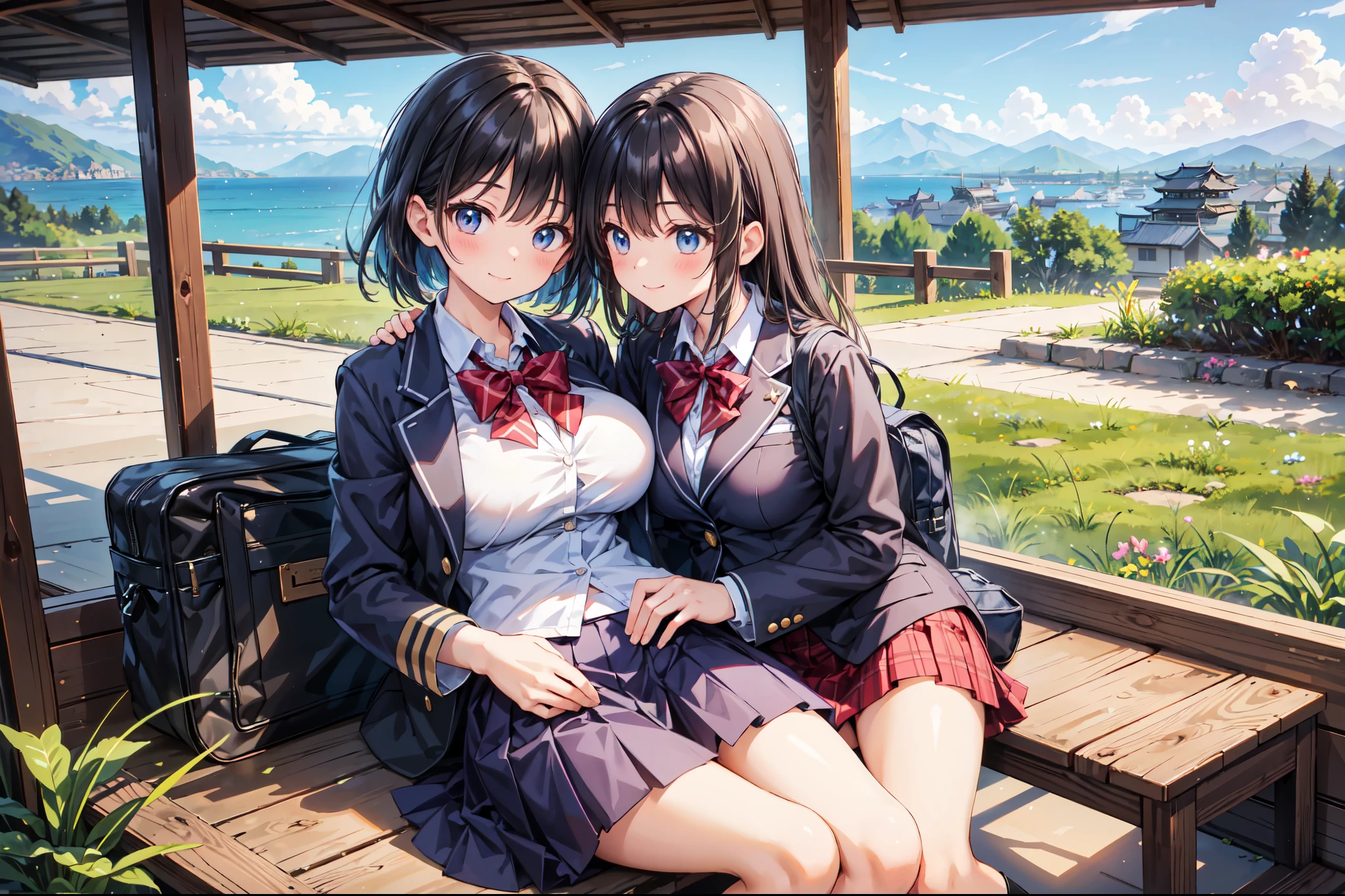 (((Masterpiece, 16k, Highest quality, Ultra-high resolution, Depth of subject))), ((Very detailed, Japanese countryside scenery)), (((High school girl in blazer uniform, 2 people, skirt, Big Breasts))), Beautiful girl in great detail, Very accurate body structure, Very precise body movements, Very cute smile, On the way home, 3pm, A peaceful landscape with a view of the sea, Warm sunshine, Grass Park, chat, We love each other, Touching each other's breasts, Naughty feelings, The love is unstoppable, hug, Very accurate perspective