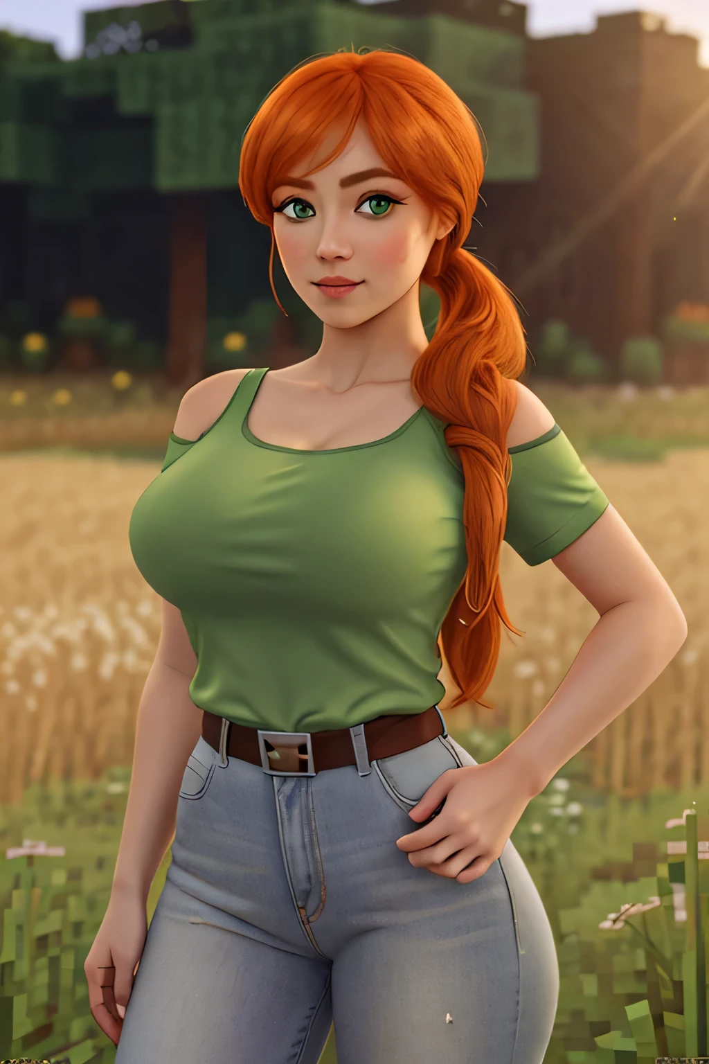 close up 1girl in, photo of Alex, Alex Minecraft, Solo, (messy orange hair, short ponytail over left shoulder, thick Ginger hair, (green eyes: 1.2), (perfect clear skin, pale skin, detailed skin, large breasts, round breasts, perfect body, skinny, thin), (thin hips, thin waist: 1.25), neutral face, mischievous smile, (wearing an biggie oversized thin t-shirt, oversized graphic tee, Capri jeans, Blue jeans:1.1), walking through a Hayfield, farm background, Waves of hay, Minecraft world, (realistic photo, best quality, detailed), (8k wallpaper), (cinematic lighting, beautiful light, (noon:1.3)) (sharp focus, intricate), (dslr, realistic, looking at viewer, sharp focus, delicate, soft colors, cinematic)