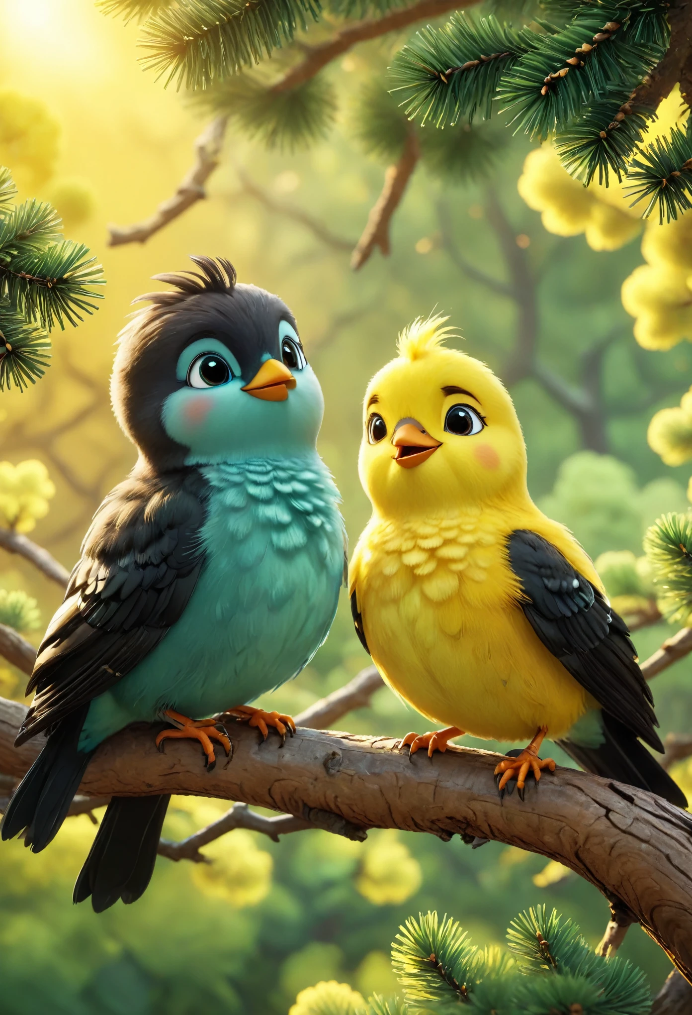 /I Two cute, yellow cartoon birds with black wings sit on a tree branch. They have a fluffy, soft appearance and cute smiles as they look at each other. The warm sunlight and bright green pine leaves in the background create a Pixar-style scene with a high-resolution quality. --ar 1:1 --v 6.1