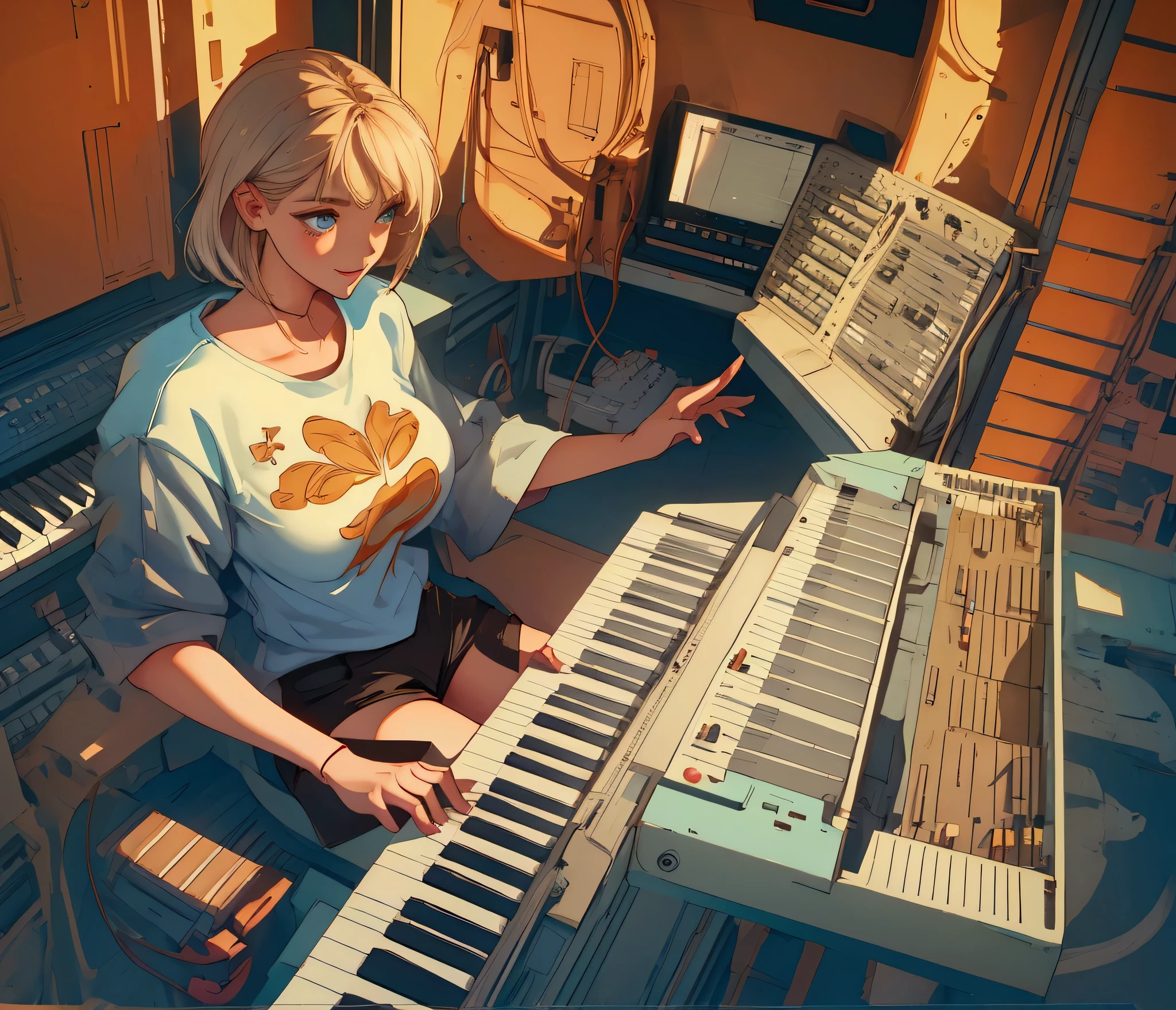 Samantha is wearing a top and shorts..laugh,slightly large breasts,I am sitting on a chair looking ahead and playing the electronic organ.,Full body shot