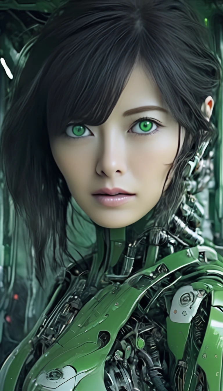 woman, mechanical body, (green). Best Quality, masterpieceUltra HD, 8k,Futuristic spaceship interior，サイバースーツを着たwoman，Black Hair，green eyes，Shortcuts, Best Quality, High resolution, Ultra HD, greenい目, 