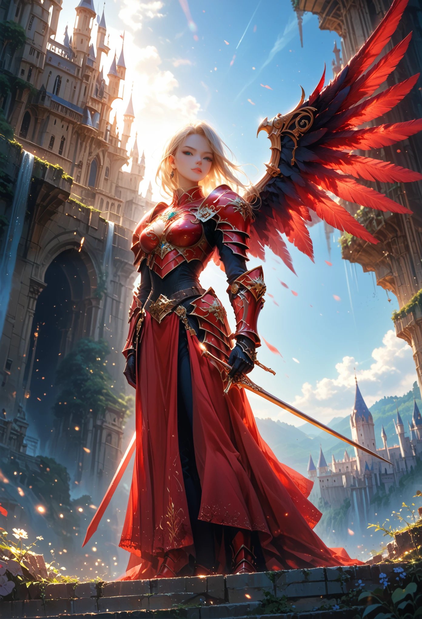 Anime Girl Beautiful, sexy, breathtaking, with Red Wings, Dressed in Red Armor, Stands on the Cliff, Kind of fantastic, Castles and Heavens are visible, Simply Beautiful View, masterpiece, bright colors, Full Detailing, Shine, SOFT COLORS, Clear, Well-Detailed Picture, ideal anatomy, 8k Wallpaper, Shine, heroic pose,cinematic film still,score_9,score_8_up,score_7_up,masterpiece,best quality,8k,hkstyle