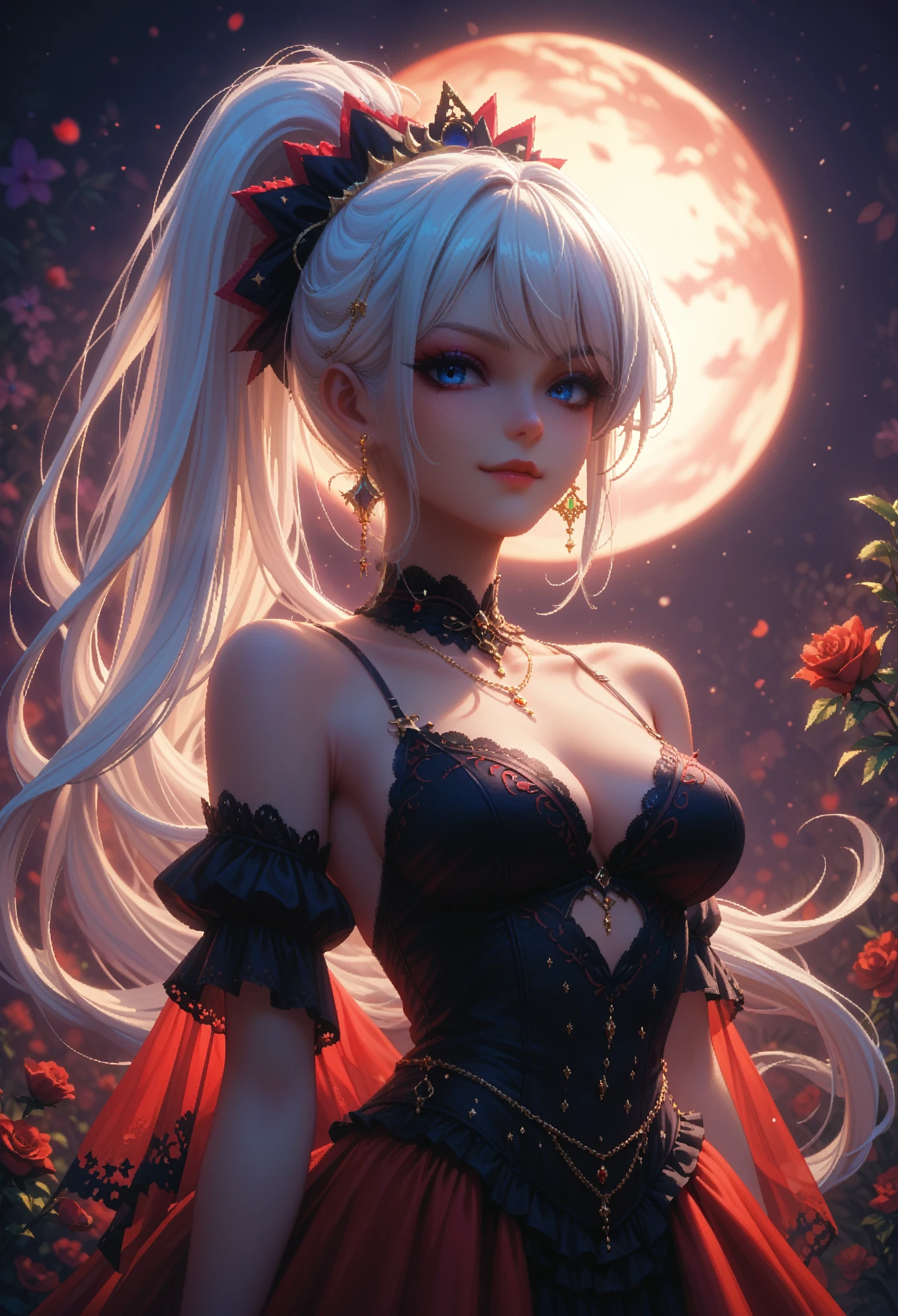 masterpiece, high quality, sexy, The emotion of flirting, pixel art, 1 girl, White hair, ponytail, red gothic dress, simple gold background, look at the viewer, Eclipse background, Ideal Anotomy,