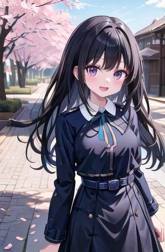 masterpiece, Highest quality, High resolution, will be attacked, Long Hair, Black Hair, chest, Neck ribbon, Collared shirt, Licorice Uniform, Two-tone dress, Blue clothes, Grey Dress, Long sleeve, belt, Reaching out, cherry blossoms, Outdoor, petal, Are standing, Cowboy Shot, smile, Open your mouth,Big Breasts