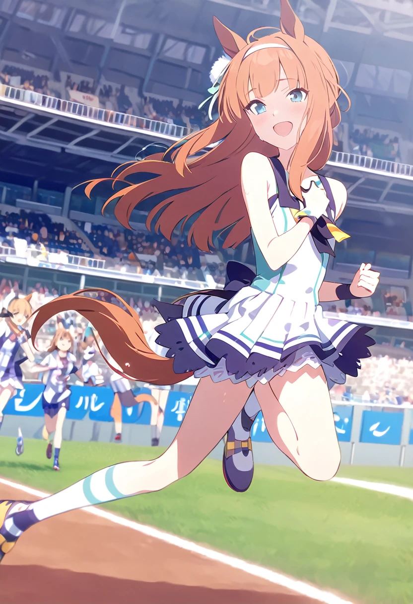 Masterpiece、Horse Girl、Silence Suzuka、Horse ears and tail、Flat Chest、Orange Hair、Stadium、Running、The wind is blowing、smile、fun、sweat、sunny、