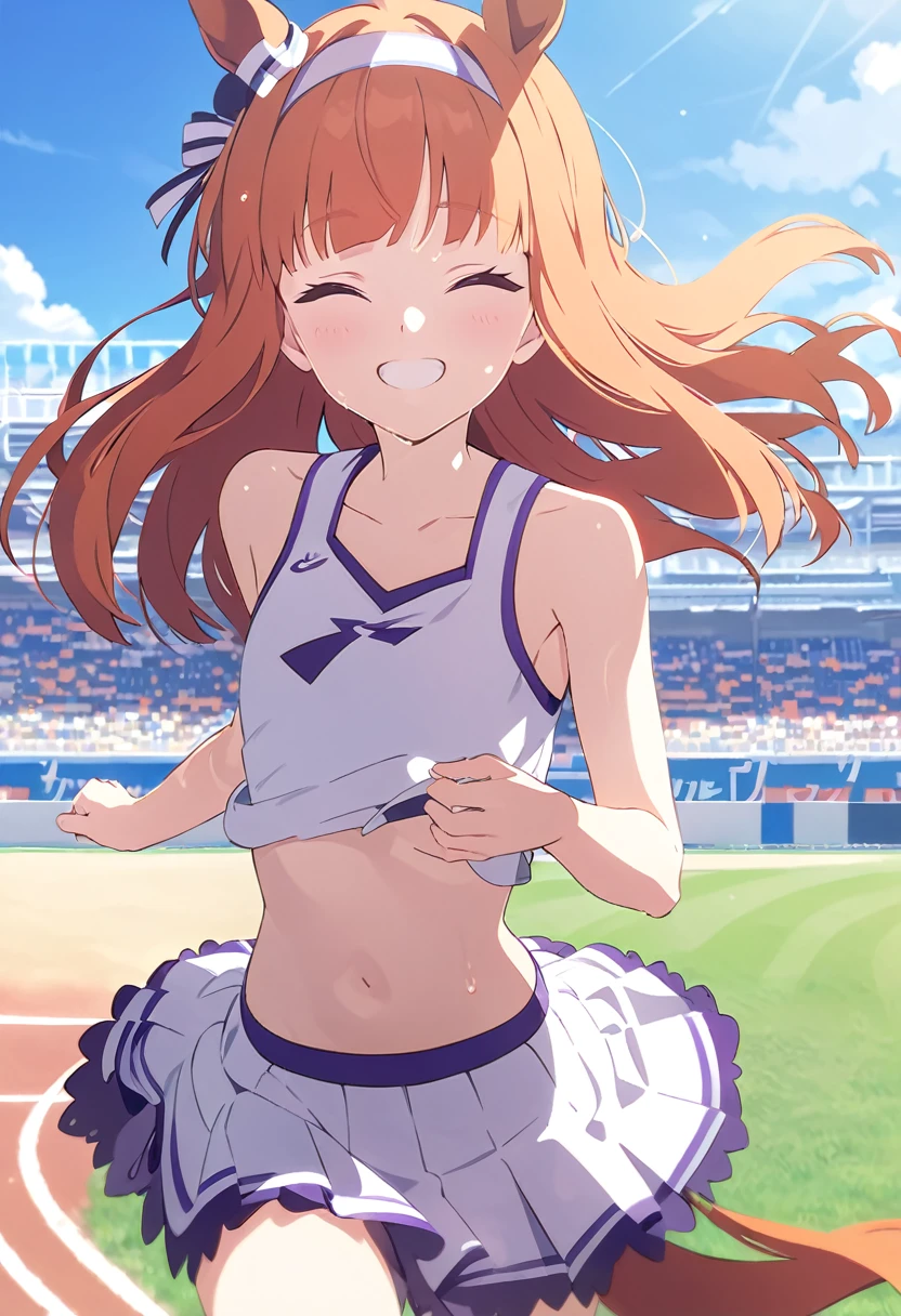 Masterpiece、Horse Girl、Silence Suzuka、Horse ears and tail、Flat Chest、Orange Hair、Stadium、Running、The wind is blowing、smile、fun、sweat、sunny、