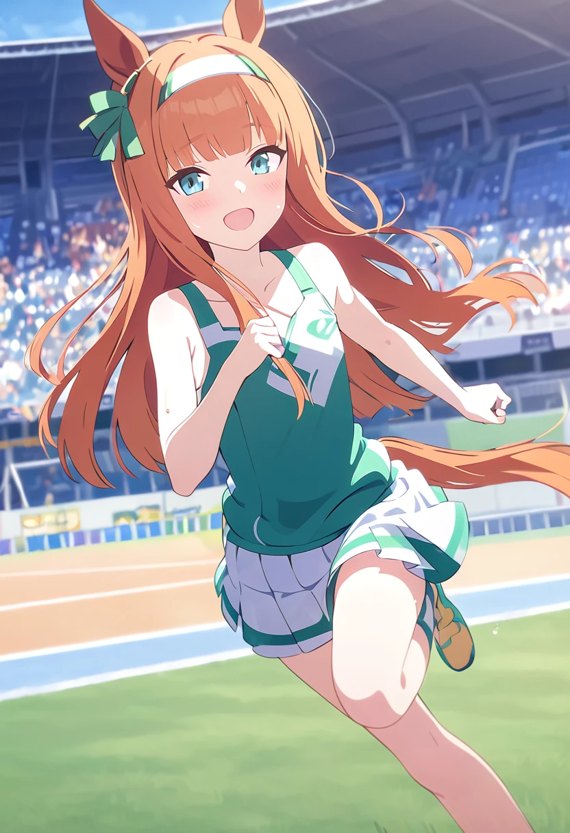 Masterpiece、Horse Girl、Silence Suzuka、Horse ears and tail、Flat Chest、Orange Hair、Stadium、Running、The wind is blowing、smile、fun、sweat、sunny、