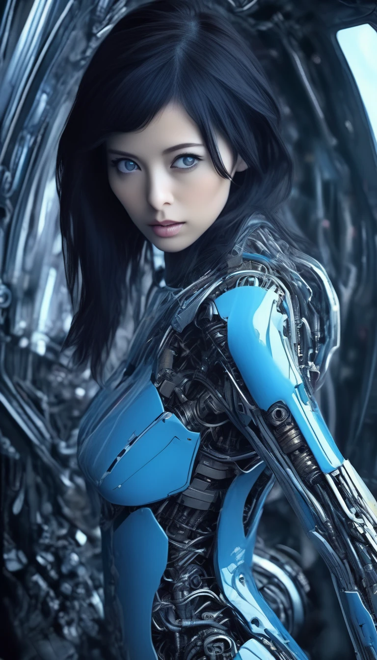 woman, Mechanical Blue Body ，Best Quality, masterpieceUltra HD, 8k,Futuristic spaceship interior，サイバーブルースーツを着たwoman，Black Hair，青 eyes，Shortcuts, Best Quality, High resolution, Ultra HD, blue eyes, 