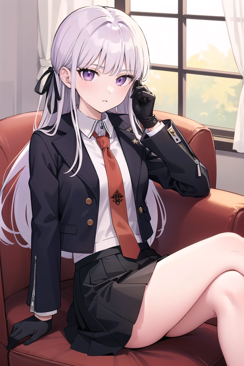 masterpiece, best quality, Kyoko, purple eyes, purple hair, long hair, braid, black gloves, purple jacket, purple skirt, brown necktie, white shirt, 1girl, sitting on an armchair, legs crossed