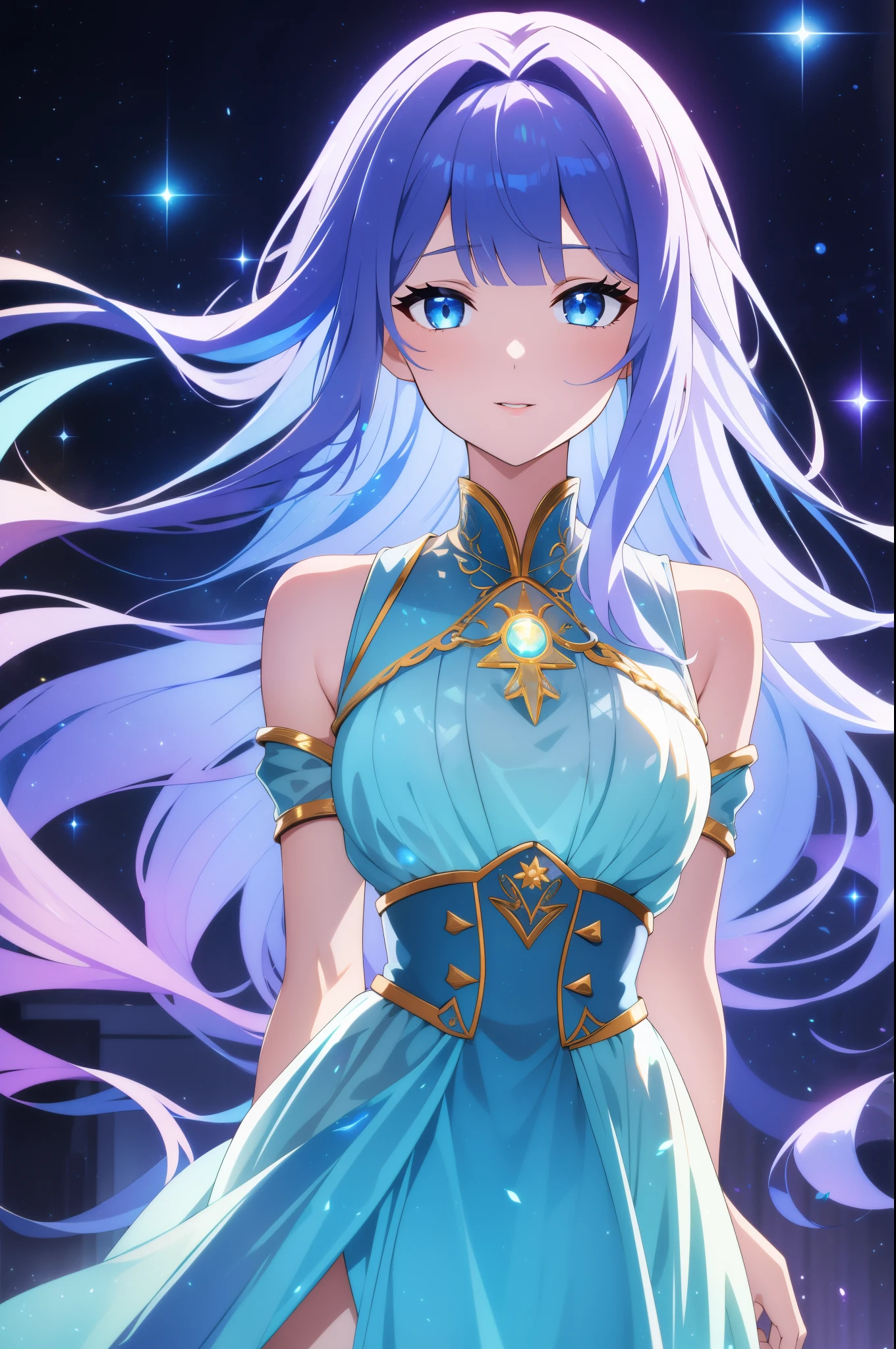 In the depths of the interstellar sea, where galaxies dance and nebulas shimmer, there exists a celestial being unlike any other – a space mermaid of ethereal beauty and boundless curiosity. With skin as rich and deep as the most vibrant amethyst, she glides gracefully through the cosmic currents, her three eyes sparkling with the wisdom of ages unknown.

Her tail, a mesmerizing fusion of blues, teals, and greens, trails behind her like a comet's tail, leaving trails of stardust in its wake. Each strand of her hair mirrors the colors of her tail, flowing freely in the weightlessness of space, catching the light of distant stars as she navigates her celestial domain.

But what truly sets her apart are her antennae – delicate tendrils reaching out into the vast expanse, attuned to the subtle energies that pulse through the universe. With these antennae, she senses the ebb and flow of cosmic forces, guiding her through the mysteries of the cosmos with an intuition as ancient as the stars themselves.

In the resplendent glow of her third eye, she sees beyond the veil of time and space, glimpsing the secrets hidden in the fabric of reality. It is through this eye that she seeks to understand the universe and her place within it, forever drifting on the currents of infinity, a celestial guardian of the cosmic depths.goddess of galaxies, mermaid, mermaid body, galactic sized goddess, alien princess, celestial goddess, lunar goddess, iridescent scales on her body, she has iridescent membranes, [[fantasy]] have purple skin and have 3 eyes , she a alien with antennae. , she a space mermaid , in 8k purple skin 