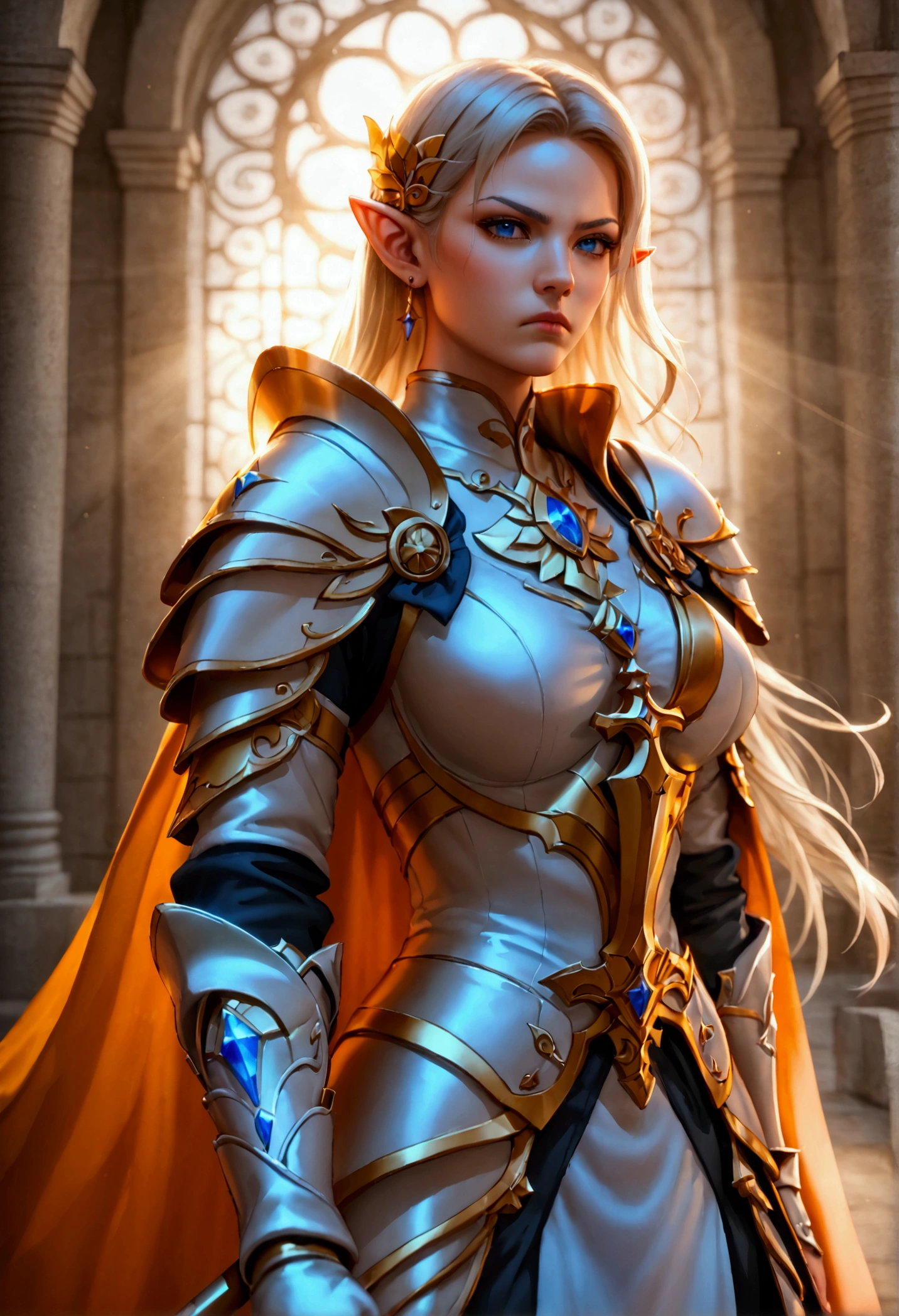 female elf, (Masterpiece 1.5, intense details)cleric, paladin, (Masterpiece 1.5, intense details), casting a spell (Masterpiece 1.3, intense details),wearing heavy white armor (Masterpiece 1.2, intense details), orange cloak with sun symbol, flowing (Masterpiece 1.5, intense details) holy symbol, armed with  (radiant long sword: 1.3),  blond hair,  frown, serious, high detail, Realism, Action painting, depth of field, god rays, wide shot, panorama, Ultra-Wide Angle, UHD, super detail, high quality, 16K, highres, art by mooncryptowow