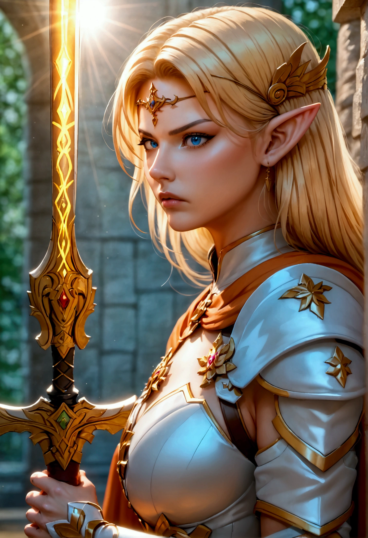 female elf, (Masterpiece 1.5, intense details)cleric, paladin, (Masterpiece 1.5, intense details), casting a spell (Masterpiece 1.3, intense details),wearing heavy white armor (Masterpiece 1.2, intense details), orange cloak with sun symbol, flowing (Masterpiece 1.5, intense details) holy symbol, armed with  (radiant long sword: 1.3),  blond hair,  frown, serious, high detail, Realism, Action painting, depth of field, god rays, wide shot, panorama, Ultra-Wide Angle, UHD, super detail, high quality, 16K, highres, art by mooncryptowow