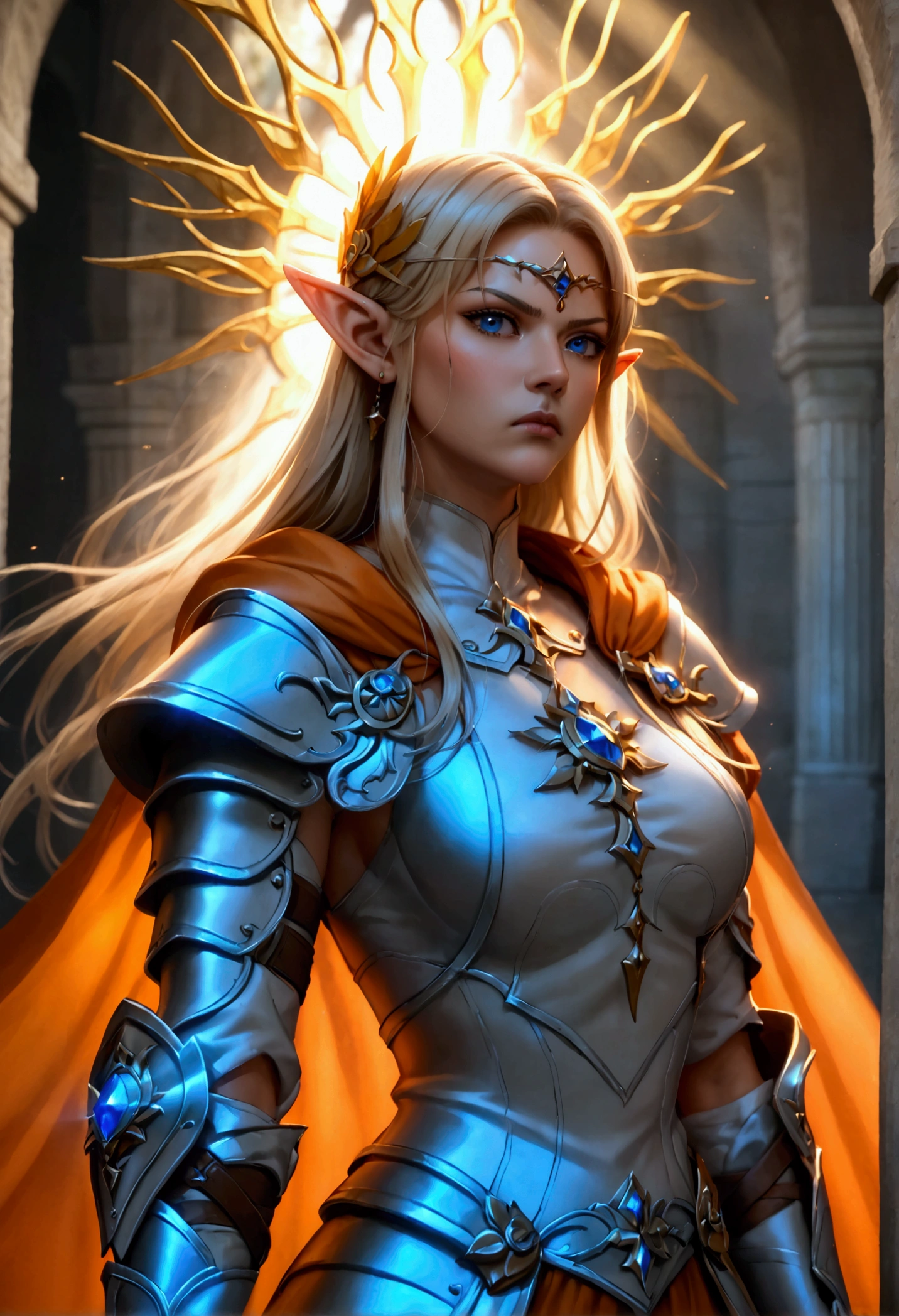 female elf, (Masterpiece 1.5, intense details)cleric, paladin, (Masterpiece 1.5, intense details), casting a spell (Masterpiece 1.3, intense details),wearing heavy white armor (Masterpiece 1.2, intense details), orange cloak with sun symbol, flowing (Masterpiece 1.5, intense details) holy symbol, armed with  (radiant long sword: 1.3),  blond hair,  frown, serious, high detail, Realism, Action painting, depth of field, god rays, wide shot, panorama, Ultra-Wide Angle, UHD, super detail, high quality, 16K, highres, art by mooncryptowow