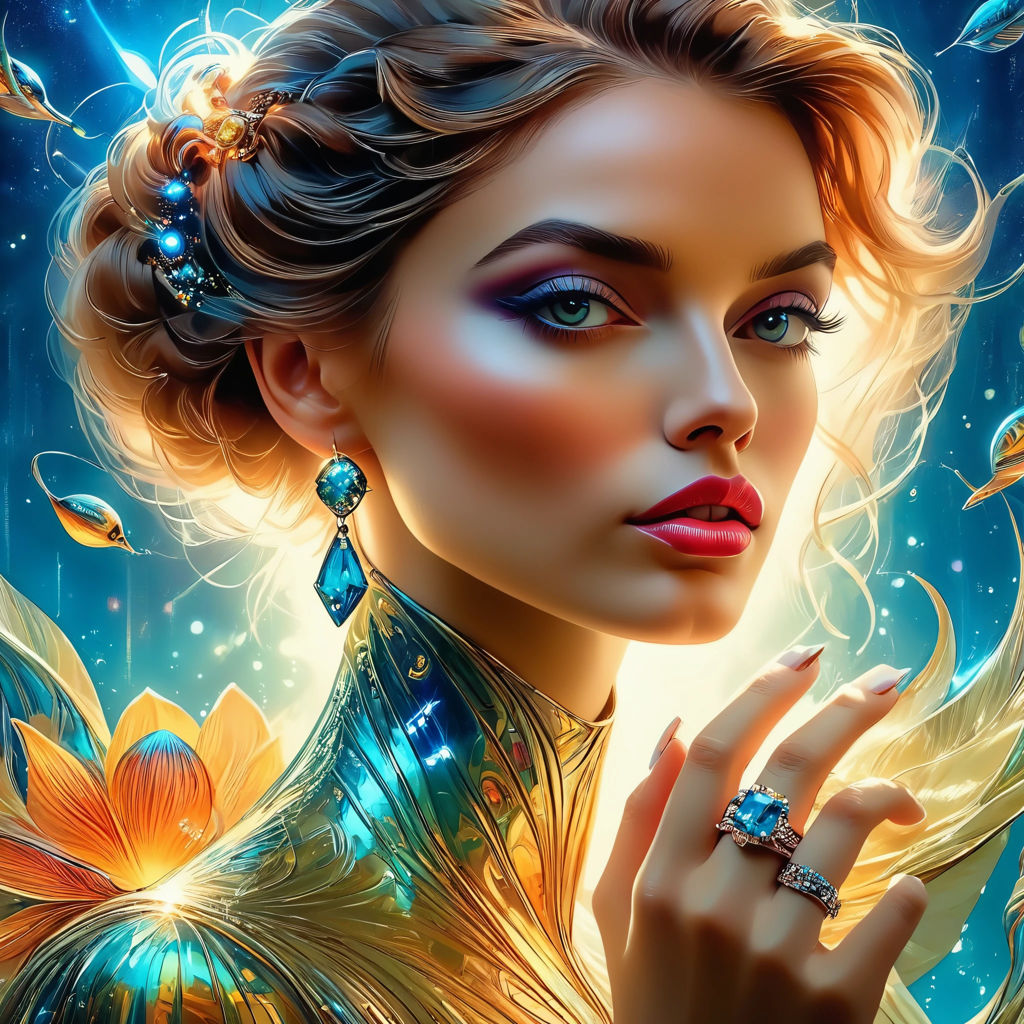 A beautiful young woman, elegant, macro , beautiful, close up, elegant ,surrealist artistic concept, splendid, perspective angle, young masterpiece top detailed, Epic fashion, sci-fi, Organized, minimum ,to clean, splendid, amazing masterpiece, detailed, ring light, HD