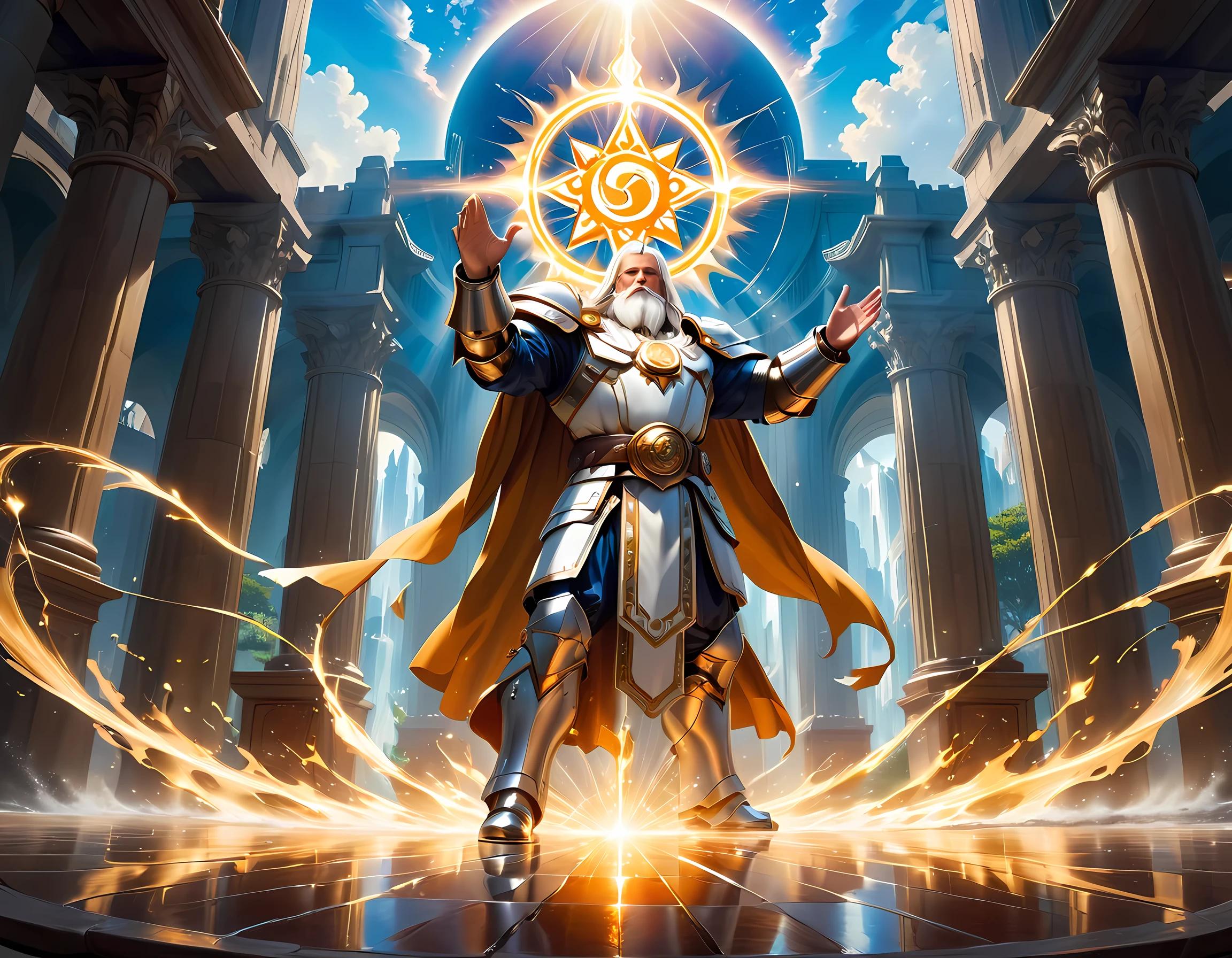 male, dwarf, (Masterpiece 1.5, intense details)cleric, paladin, (Masterpiece 1.5, intense details), casting a spell (Masterpiece 1.3, intense details),wearing heavy white armor with spikes (Masterpiece 1.2, intense details), orange cloak with sun symbol, flowing (Masterpiece 1.5, intense details) holy symbol, armed with  mighty axe,  blond hair, long braided beard, hair strand, frown, serious, high detail, Realism, Action painting, depth of field, god rays, wide shot, panorama, Ultra-Wide Angle, UHD, super detail, high quality, 4K, highres