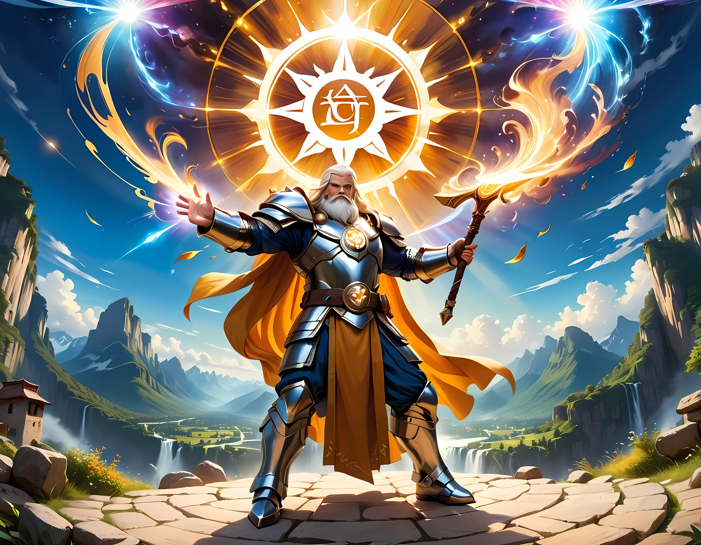 male, dwarf, (Masterpiece 1.5, intense details)cleric, paladin, (Masterpiece 1.5, intense details), casting a spell (Masterpiece 1.3, intense details),wearing heavy white armor with spikes (Masterpiece 1.2, intense details), orange cloak with sun symbol, flowing (Masterpiece 1.5, intense details) holy symbol, armed with  mighty axe,  blond hair, long braided beard, hair strand, frown, serious, high detail, Realism, Action painting, depth of field, god rays, wide shot, panorama, Ultra-Wide Angle, UHD, super detail, high quality, 4K, highres