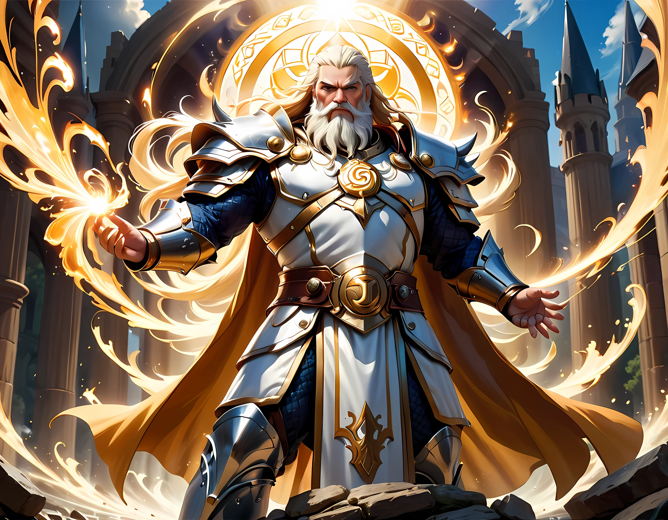 male, dwarf, (Masterpiece 1.5, intense details)cleric, paladin, (Masterpiece 1.5, intense details), casting a spell (Masterpiece 1.3, intense details),wearing heavy white armor with spikes (Masterpiece 1.2, intense details), orange cloak with sun symbol, flowing (Masterpiece 1.5, intense details) holy symbol, armed with  mighty axe,  blond hair, long braided beard, hair strand, frown, serious, high detail, Realism, Action painting, depth of field, god rays, wide shot, panorama, Ultra-Wide Angle, UHD, super detail, high quality, 4K, highres