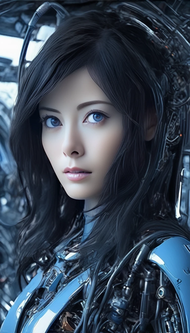 woman, Mechanical Blue Body ，Best Quality, masterpieceUltra HD, 8k,Futuristic spaceship interior，サイバーブルースーツを着たwoman，Black Hair，青 eyes，Shortcuts, Best Quality, High resolution, Ultra HD, blue eyes, 