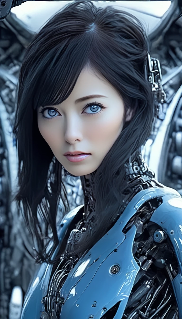 woman, Mechanical Blue Body ，Best Quality, masterpieceUltra HD, 8k,Futuristic spaceship interior，サイバーブルースーツを着たwoman，Black Hair，青 eyes，Shortcuts, Best Quality, High resolution, Ultra HD, blue eyes, 