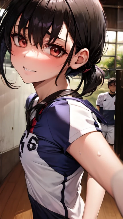 A tall athletic high school girl with short black hair, wearing a volleyball uniform, her face very close to the viewer, wide obsessive eyes filled with possession and jealousy, her twisted smile is unsettling, sweat glistening on her forehead, dark shadows cast across her face, her hand gripping the arm of a short boy next to her, but her focus is on the viewer, gymnasium background is dark and empty, tense and eerie atmosphere,
