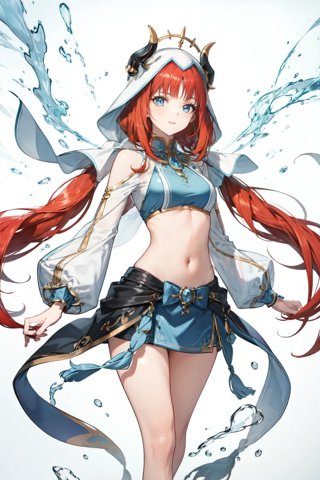 masterpiece, best quality, highres, extremely detailed CG, ultra-detailed, beautiful concept illustration, perfect details, realistic, depth of field, dynamic angle, nsfw, beautiful detailed face, 1girl, nilou (neither flower nor mist) (genshin impact), aqua eyes, nilou (genshin impact), fake horns, red hair, long hair, crop top, jewelry, horns, veil, bracer, brooch, long sleeves, puffy long sleeves, skirt, bangs, twintails, puffy sleeves, neck ring, gold trim, parted bangs, arm up, circlet, see-through blue skirt, hair ornament, detached sleeves, low twintails, floating hair, gem, hair flower, blue gemstone, dancer, white headwear, small breasts, midriff, very long hair, <lora:nilou_1024_Lion_dim64_kohyaLoRA_fp32_3e-2noise_token2_20-3-2023:1>, splash art, water effect, nsfw, no bra, no panties, smile, open mouth, cowboy shot, see-through clothes, transparent, translucent, knee up, hip, thigh