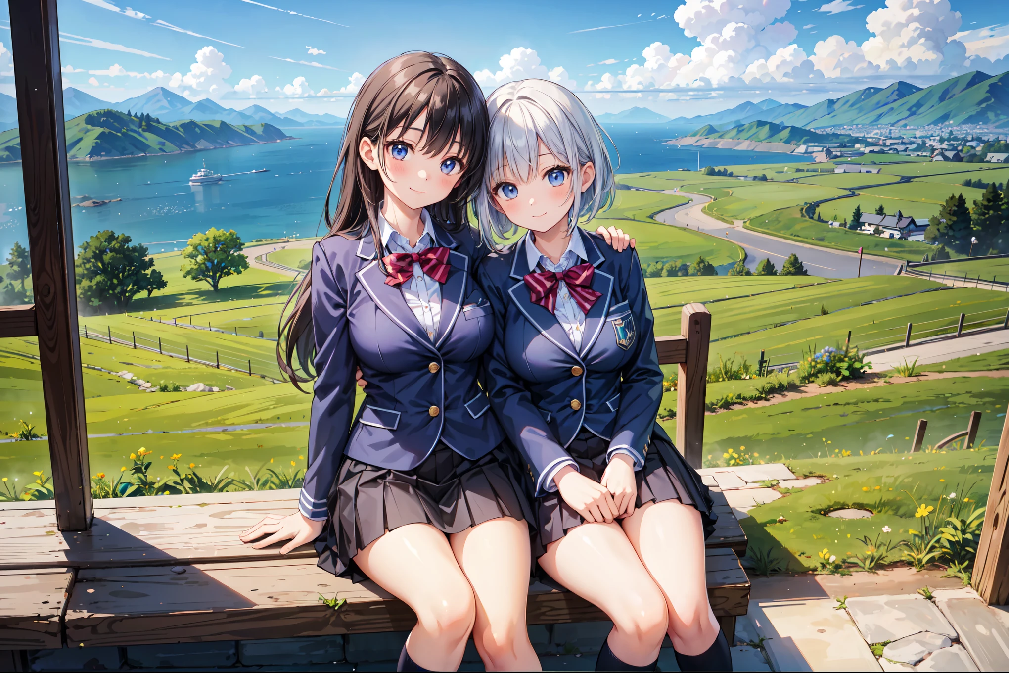 (((Masterpiece, 16k, Highest quality, Ultra-high resolution, Depth of subject))), ((Very detailed, Japanese countryside scenery)), (((High school girl in blazer uniform, 2 people, skirt, Big Breasts))), Beautiful girl in great detail, Very accurate body structure, Very precise body movements, Very cute smile, On the way home, 3pm, A peaceful landscape with a view of the sea, Warm sunshine, Grass Park, chat, We love each other, Touching each other's breasts, Naughty feelings, The love is unstoppable, hug, Very accurate perspective