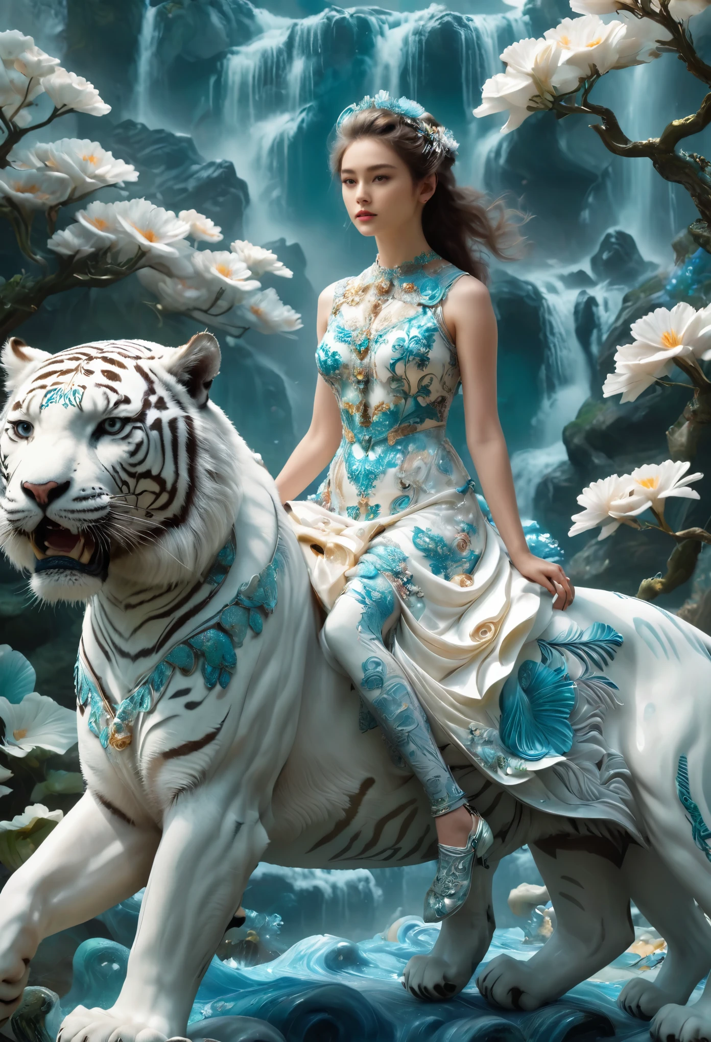 /I A still from an absurdist film shows a girl in a white floral dress riding on the back of a white tiger. The scene is brightly colored, exuding a surreal and dreamlike quality typical of absurdist cinema. The image has a film-like aesthetic, inspired by Fujifilm, with cinematic and natural lighting. Rendered in 4K, it captures ultra-high detail and clarity, with a distinctive dreamlike texture that emphasizes its fantastical and absurd nature. --ar 10:7 --quality 2 --sref 1892990645 330820041 1557554703 --personalize ol677x8 --v 6.1