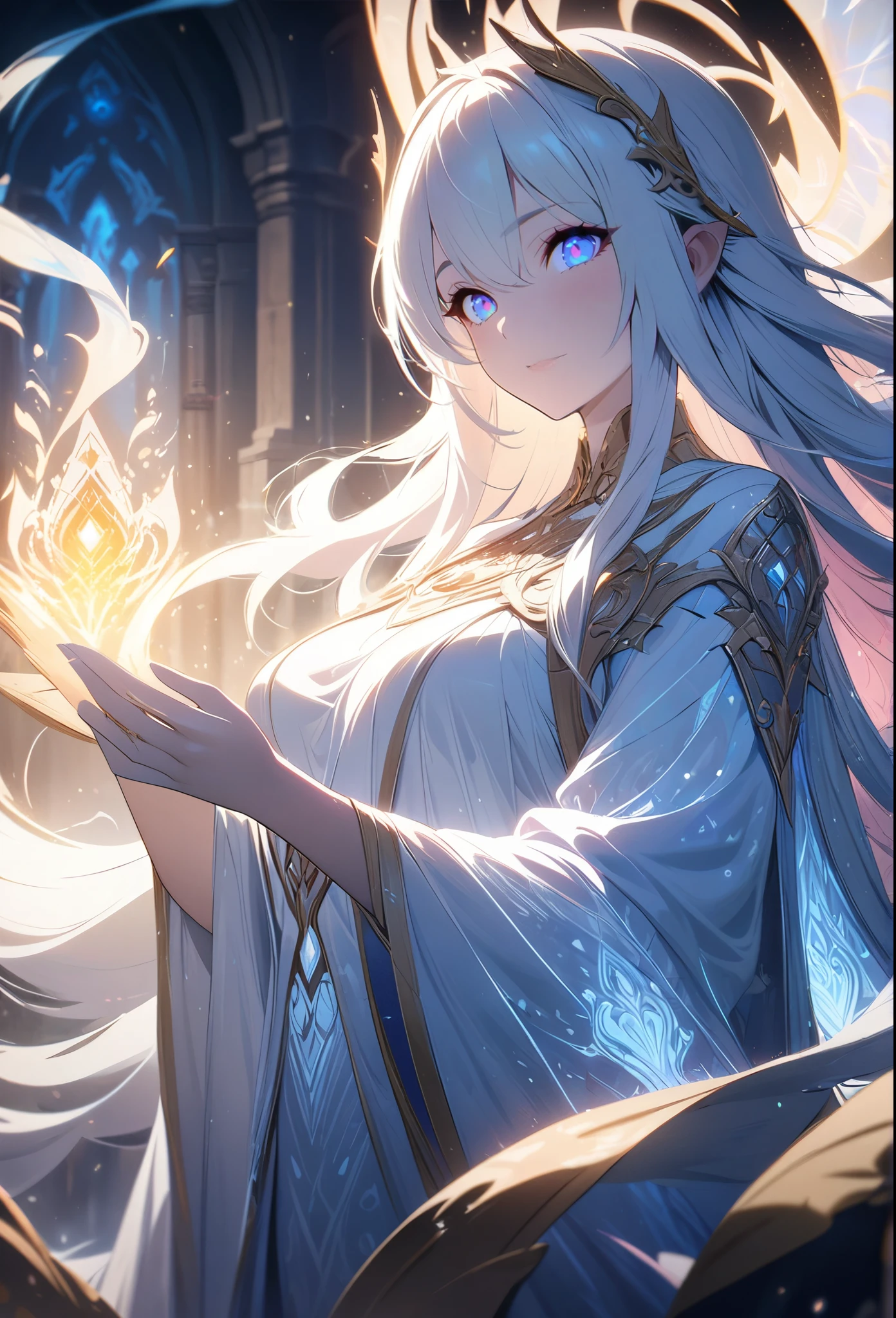 Goddess, diamond-white skin, glowing inner light, deep blue twinkling eyes, long silky white hair, ethereal translucent robes, magical glowing patterns, aura of soft light and protection, glowing hands, powers of creation, (best quality,4k,8k,highres,masterpiece:1.2),ultra-detailed,ethereal,fantasy,digital art,highly detailed,intricate details,cinematic lighting,dramatic lighting,fantasy art,concept art,magical