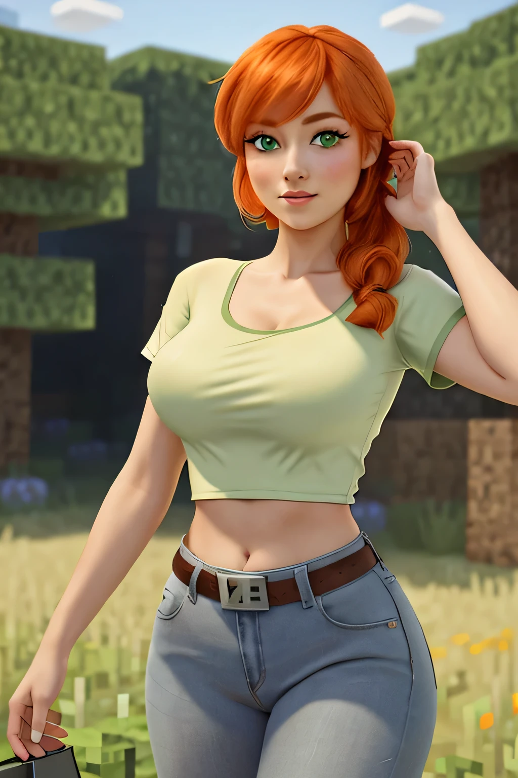 close up 1girl in, photo of Alex, Alex Minecraft, Solo, (short messy orange hair, short ponytail over left shoulder, thick Ginger hair, (green eyes: 1.2), (perfect clear skin, pale skin, detailed skin, large breasts, round breasts, perfect body, skinny, thin), (thin hips, thin waist: 1.25), neutral face, mischievous smile, (wearing an biggie oversized thin t-shirt, oversized graphic tee, Capri jeans, Blue jeans:1.1), walking through a Hayfield, farm background, Waves of hay, Minecraft world, (realistic photo, best quality, detailed), (8k wallpaper), (cinematic lighting, beautiful light, (noon:1.3)) (sharp focus, intricate), (dslr, realistic, looking at viewer, sharp focus, delicate, soft colors, cinematic)