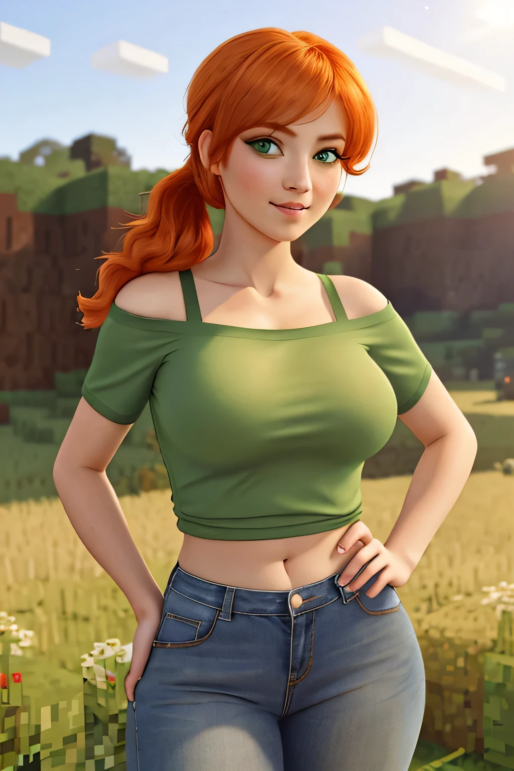 close up 1girl in, photo of Alex, Alex Minecraft, Solo, (short messy orange hair, short ponytail over left shoulder, thick Ginger hair, (green eyes: 1.2), (perfect clear skin, pale skin, detailed skin, large breasts, round breasts, perfect body, skinny, thin), (thin hips, thin waist: 1.25), neutral face, mischievous smile, (wearing an biggie oversized thin t-shirt, oversized graphic tee, Capri jeans, Blue jeans:1.1), walking through a Hayfield, farm background, Waves of hay, Minecraft world, (realistic photo, best quality, detailed), (8k wallpaper), (cinematic lighting, beautiful light, (noon:1.3)) (sharp focus, intricate), (dslr, realistic, looking at viewer, sharp focus, delicate, soft colors, cinematic)