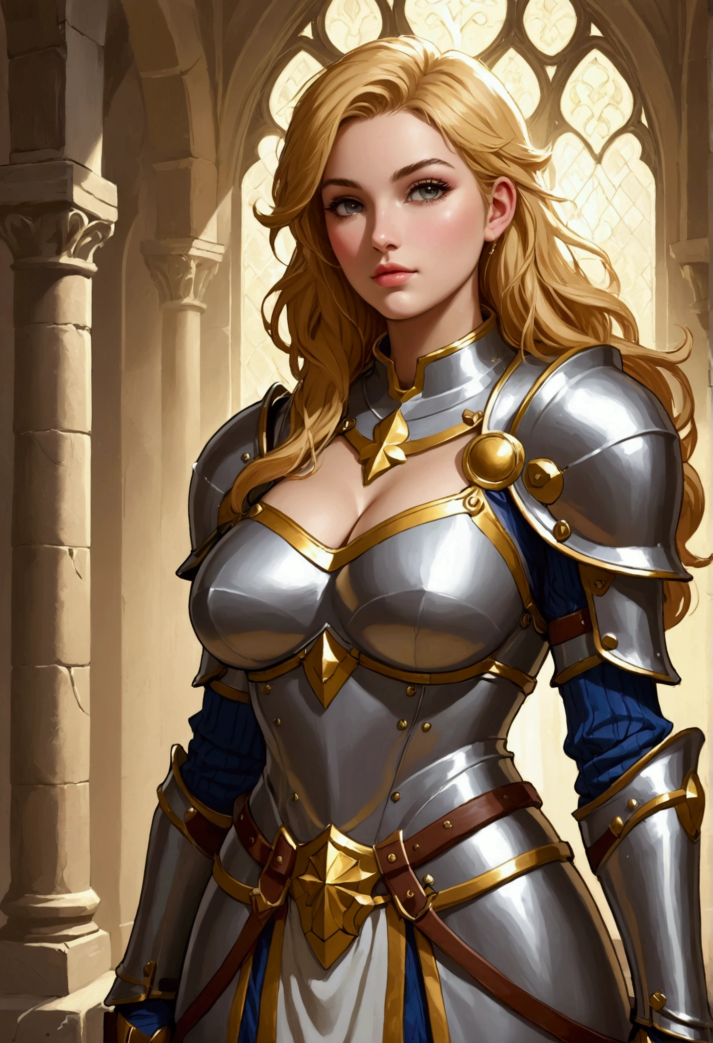 masterpiece, best quality, highres, katalina (granblue fantasy), armor, gauntlets, belt, breastplate, shoulder armor, cape, pauldrons, pants, boots, forest,