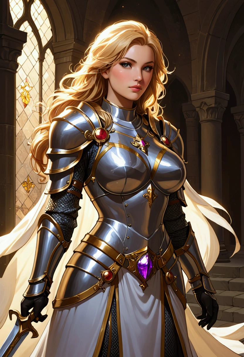 (extremely detailed 8k wallpaper), a portrait of a Blonde noble lady, the lord of the castle's wife, with a crown on her head, wearing a silver armor, dramatic lighting and shadows, 8k resolution, intricate, high detail, dramatic, deep cleavage exposed 1/2 boob, knight, solo female, hands resting on sword, full body, stern look, large braid, gauntlets, gloves, shoulder armor, black gloves, serious face, huge tits, massive cleavage, round breasts, flowing hair