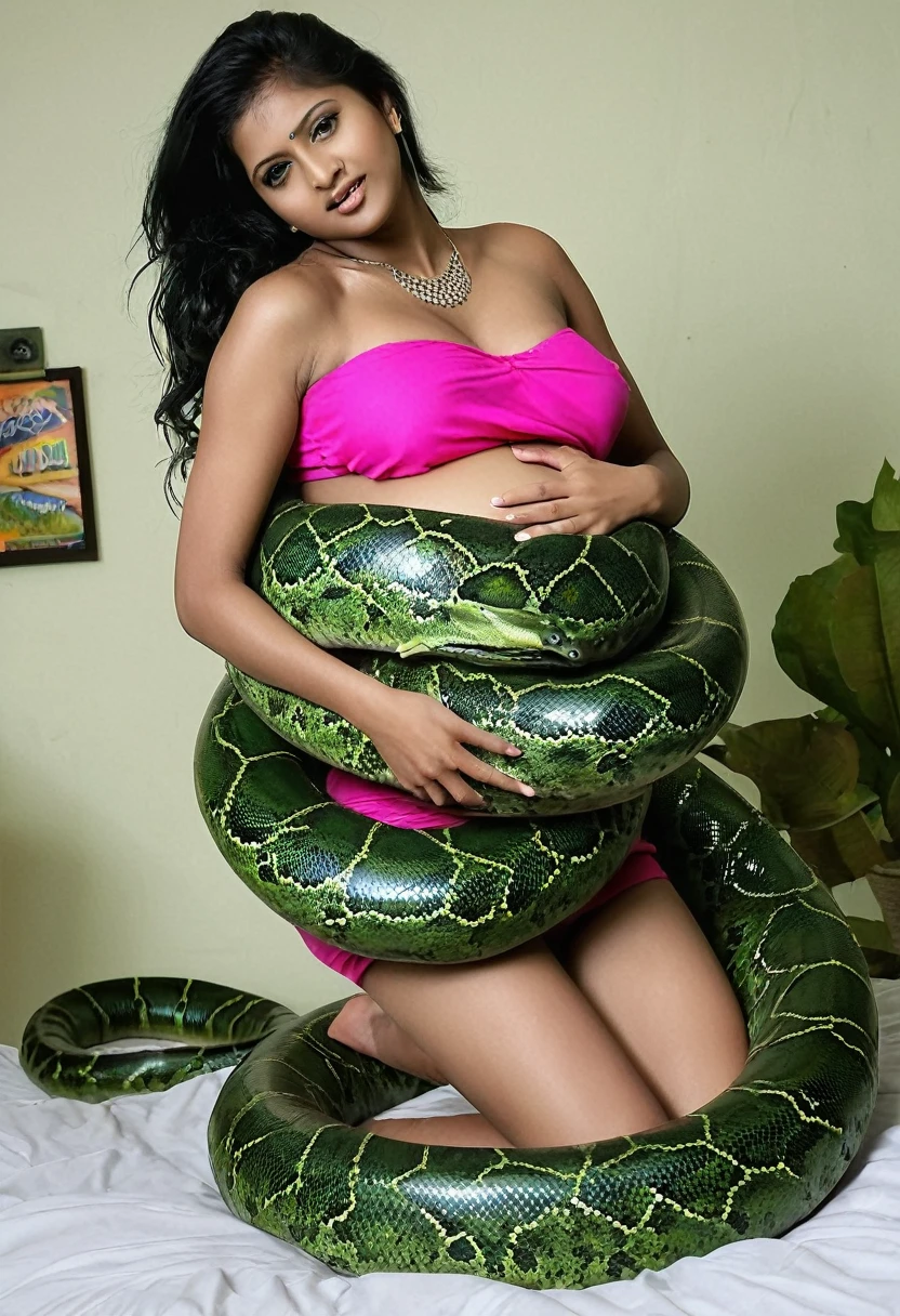 Pregnant 4 feet tall bikini aroused horny beautiful Indian  girl vs Giant colossal black titanboa monster wrapped around her body squeezing her in coiled embrace cuddling and kissing sexual erotic  sex realistic snake tongue kissing, vaginal penetration , snake in pussy, large object insertion, tentacle sex, snake pit, blowjob perfect body, best quality gorgeous face, wet, nsfw