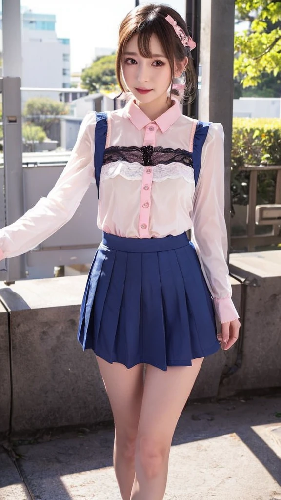 Make an image of girl, wearing a blue skirt, she has blonde short hair.