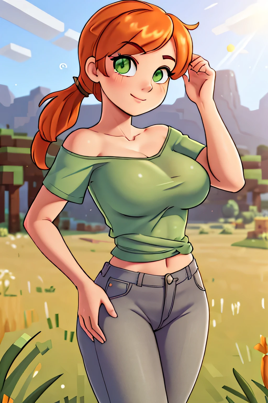 1 girl, alex minecraft, green shirt, brown pants, gray boots, flashing, flashing tits, huge boobs