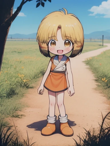 nyannyan, 1girl, solo, blonde hair,  open mouth, brown eyes, short hair, multicolored hair, blush, child, masterpiece, best quality, very aesthetic, absurdres, 1girl, smile, looking at viewer, open mouth, blush, eyebrows visible through hair, :d, standing by self, embarrassed, white legwear, smile, looking at viewer, standing by self, (flat chest,  Girl:1.3), full body, HDR, uhd, front shot, public park, Desert, Lotus, Pokémon, White Wolf, Colorful Gradient, Clay Animation, Goldfish, Paladin