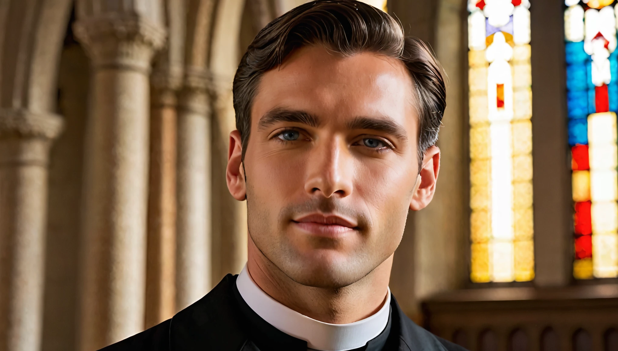 Portrait of a man in his early 30s with neatly kept dark brown hair and light graying at the temples. He has light skin and an angular face with a strong jawline and sharp features. His piercing blue eyes hold a calm, authoritative yet approachable expression, with a small, polite smile on his lips. He is dressed in a black clerical shirt with a white collar, symbolizing his role as a priest. The background is a soft, warm-lit interior of a small, dimly lit church, with light filtering through stained glass windows, casting soft shadows. His posture is tall and confident, hands gently clasped together in front of him. The vintage color palette includes dark and muted tones, with a slight blur and subtle grain to evoke the feel of an old film photo.
