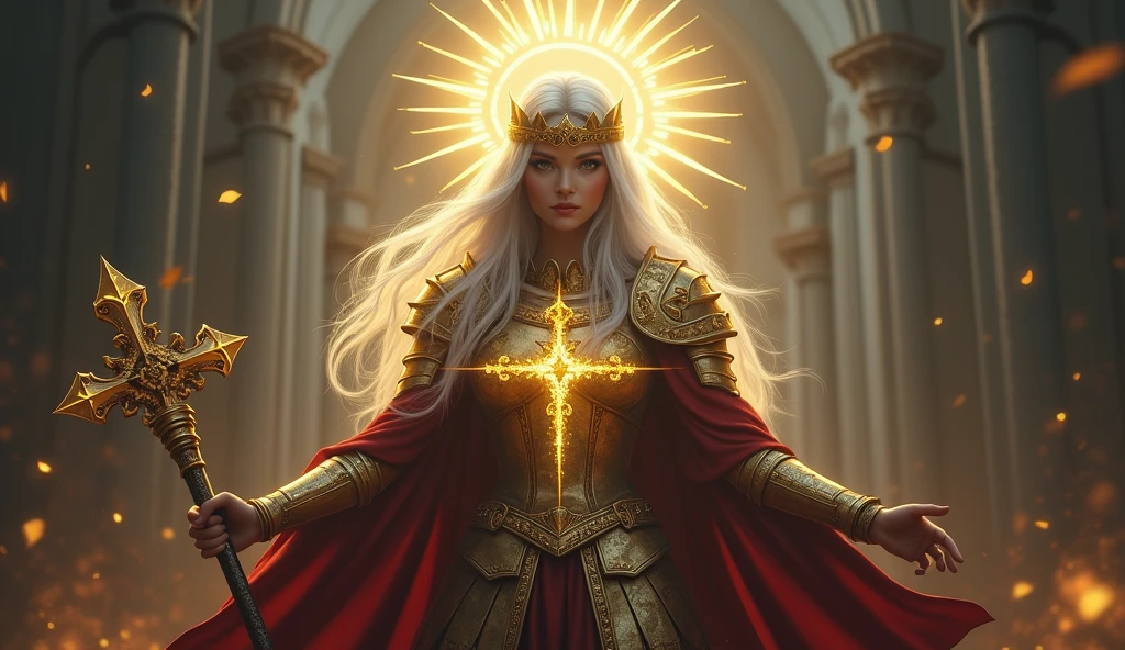 Girl Long Snow White Hair, Radiates Light Divine Magic, Aura Holy and Good, Knight in Golden Armor Which Sparkle with Patterns and Shimmers Different, ((Right Hand Cross Wood Carved Very Beautiful and Detailed)), in the Left Hand Holds a Mace on a Chain, Hanging, Фон Fighting Evil Толпы Злой Нежити Атакуют, She Stands Radiating Heavenly Light, Giving People Hope, fantasy, Epic scene, Into the Dark Gloomy Forest and the Cathedral Church, Fighting Evil, Hordes of Undead Attack, Paladin&#39;s Girl, masterpiece, 8 k, maximum quality, Game of Shadows, cinematic style, Fantasy Game, ReEngen Engine, Maximum Quality Picture Epic,