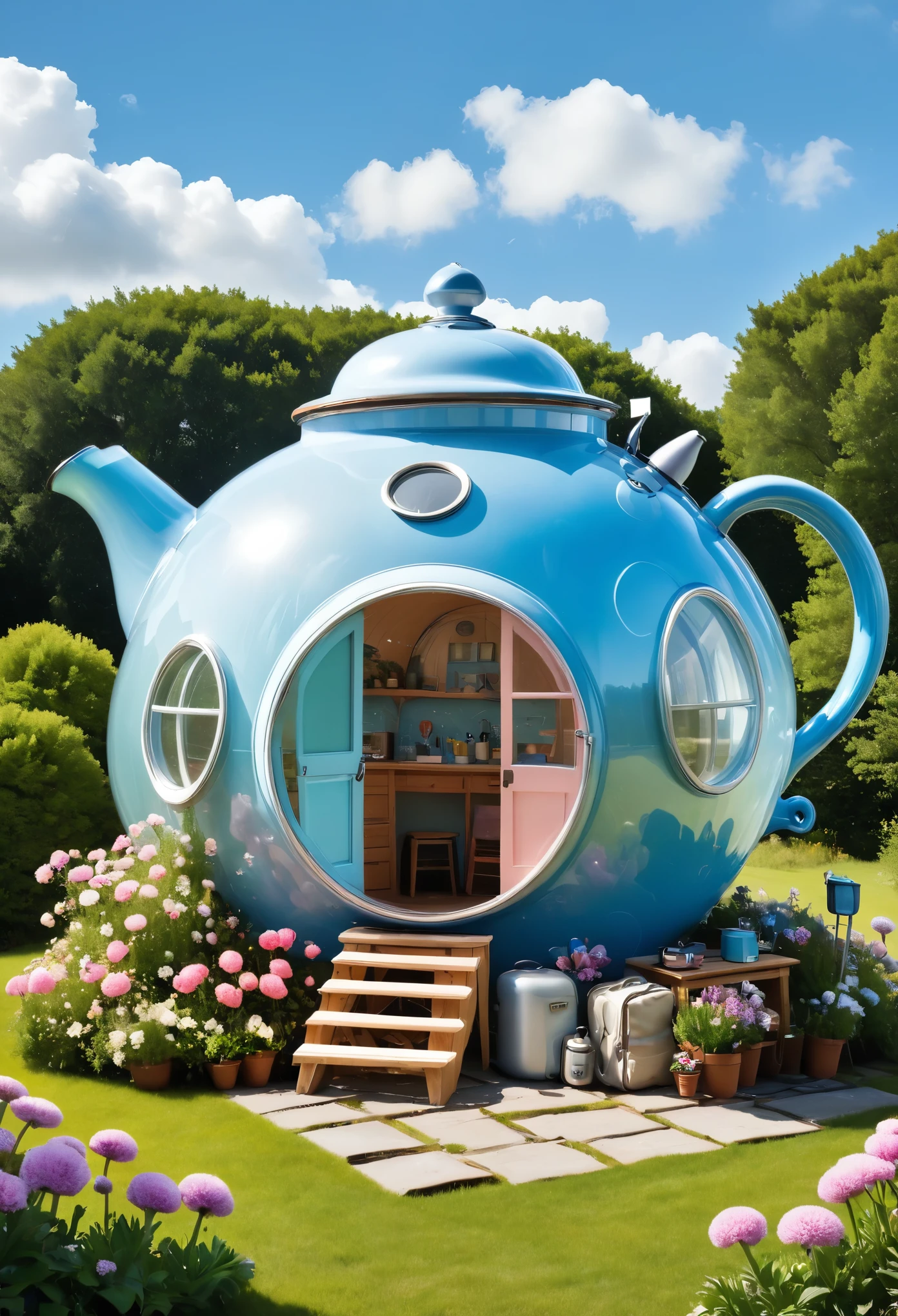 /I A cute little house shaped like an oversized teapot, adorned with pastel-colored flowers and tiny animal figures on its sides. The text "bubble" is displayed above the photo in bold letters. It's placed outdoors under a clear blue sky, surrounded by lush greenery. A small wooden table sits beside it holding various camping supplies such as lanterns, tarp, backpacks, etc., all designed to capture your attention. Atop of the picture there’s also another message that says "I want you for summer." , style raw --ar 3:4 --stylize 250 --v 6.1