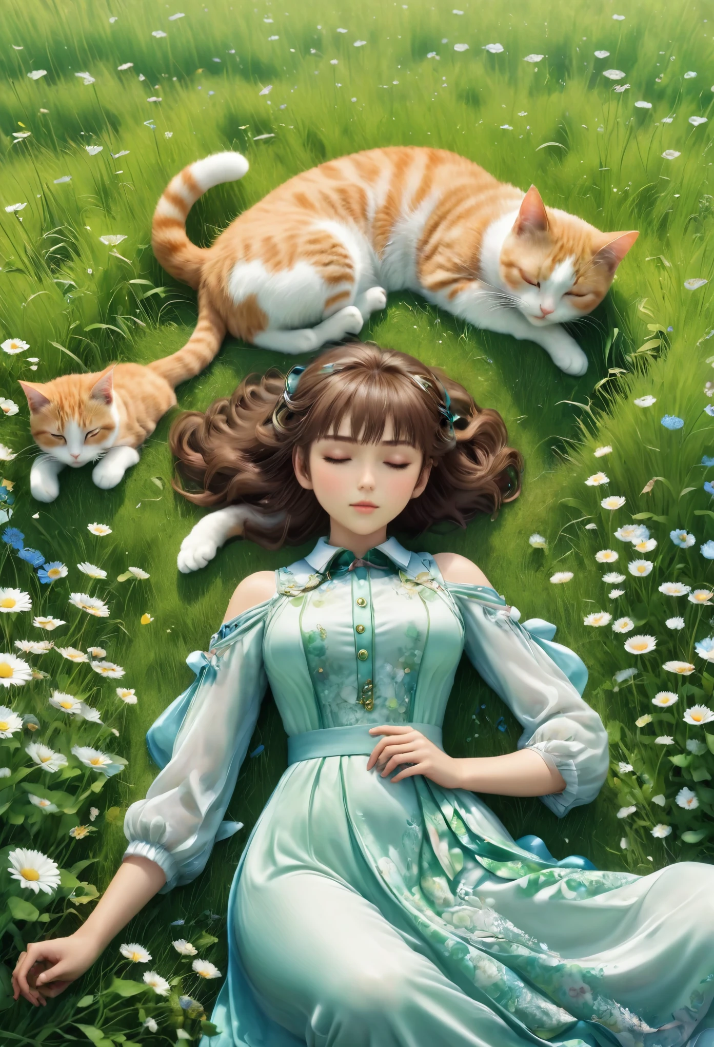 /I An anime girl lying in the middle of a green meadow with two arms under her head and a cat sleeping next to her, overlooking the angle, looking down from a distance, Ghibli style. --ar 9:16 --stylize 250 --v 6.1