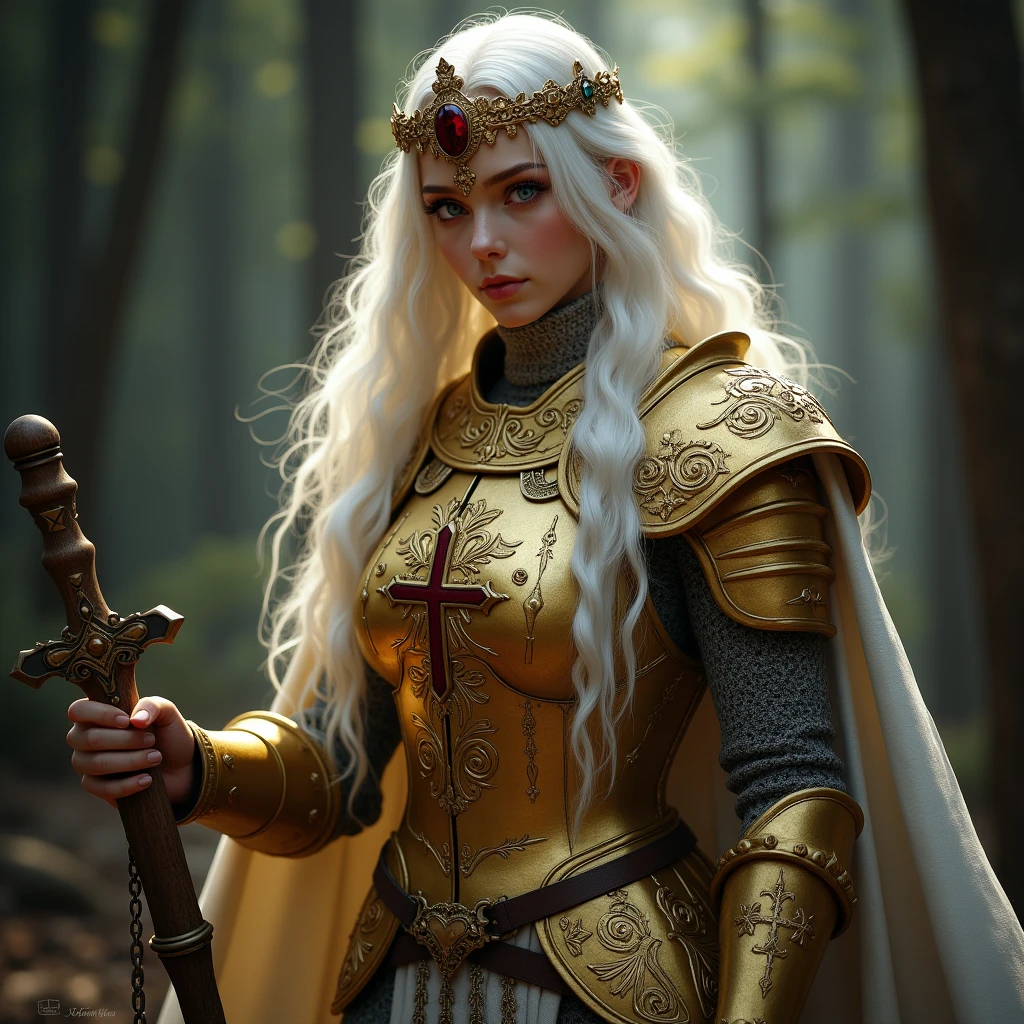 Girl Long Snow White Hair, Radiates Light Divine Magic, Aura Holy and Good, Knight in Golden Armor Which Sparkle with Patterns and Shimmers Different, ((Right Hand Cross Wood Carved Very Beautiful and Detailed)), in the Left Hand Holds a Mace on a Chain, Hanging, Фон Fighting Evil Толпы Злой Нежити Атакуют, She Stands Radiating Heavenly Light, Giving People Hope, fantasy, Epic scene, Into the Dark Gloomy Forest and the Cathedral Church, Fighting Evil, Hordes of Undead Attack, Paladin&#39;s Girl, masterpiece, 8 k, maximum quality, Game of Shadows, cinematic style, Fantasy Game, ReEngen Engine, Maximum Quality Picture Epic,